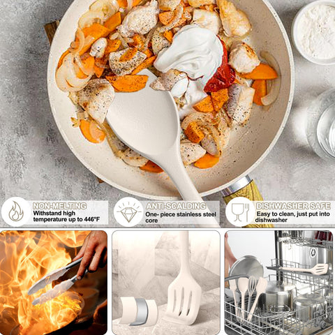 Heat resistant silicone heads protect nonstick surfaces while cooking