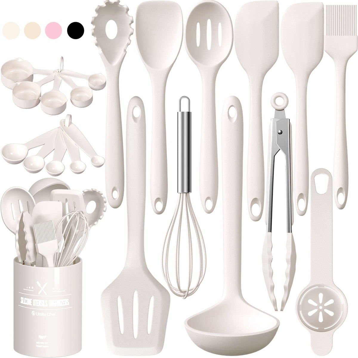 Umite Chef 22Pcs silicone utensils set with holder, organized for quick cooking.