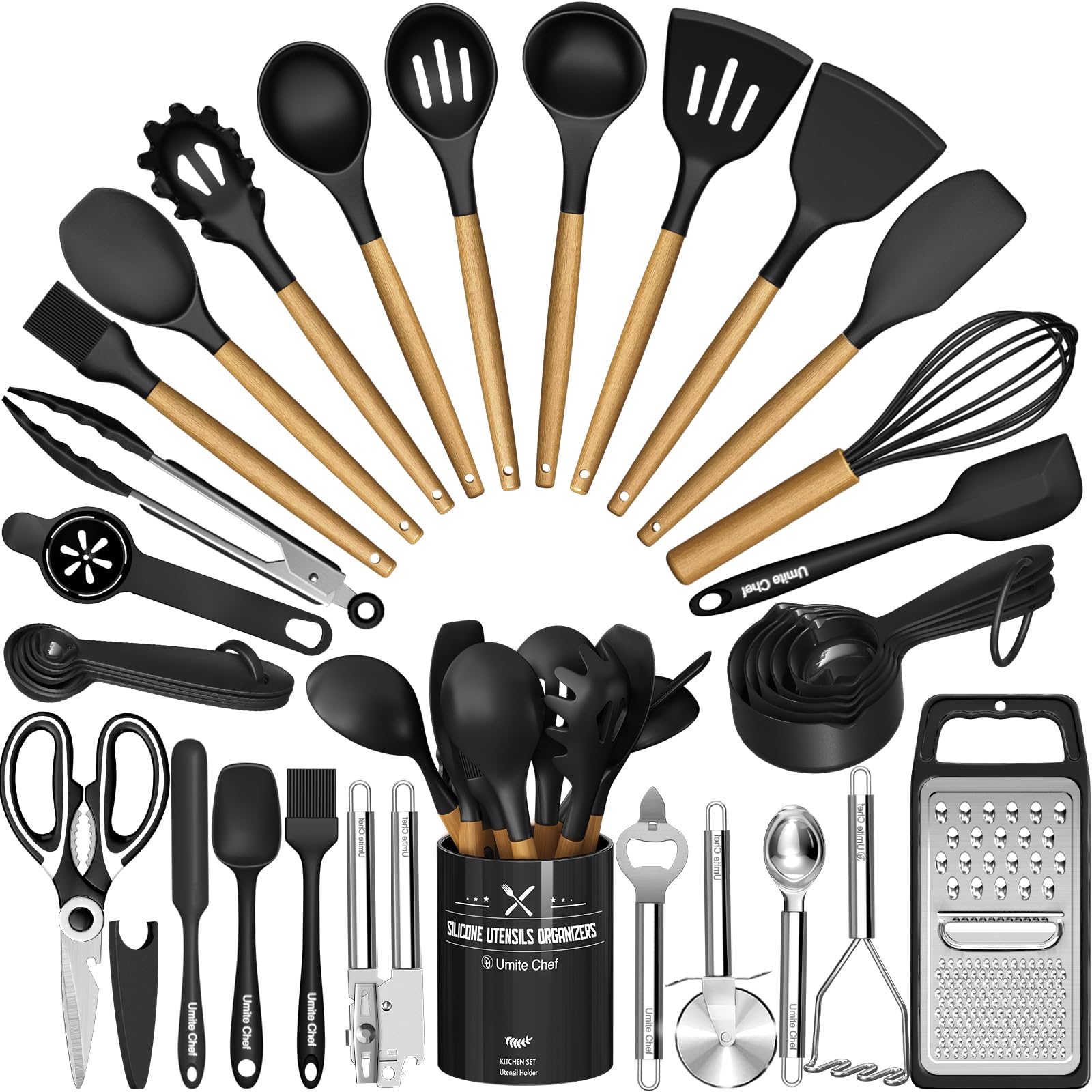 Umite Chef 34-piece set with holder keeps utensils organized for cooking.