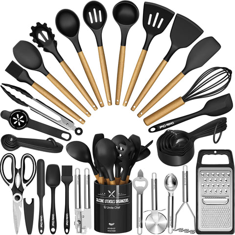 Umite Chef 34-piece set with holder keeps utensils organized for cooking.