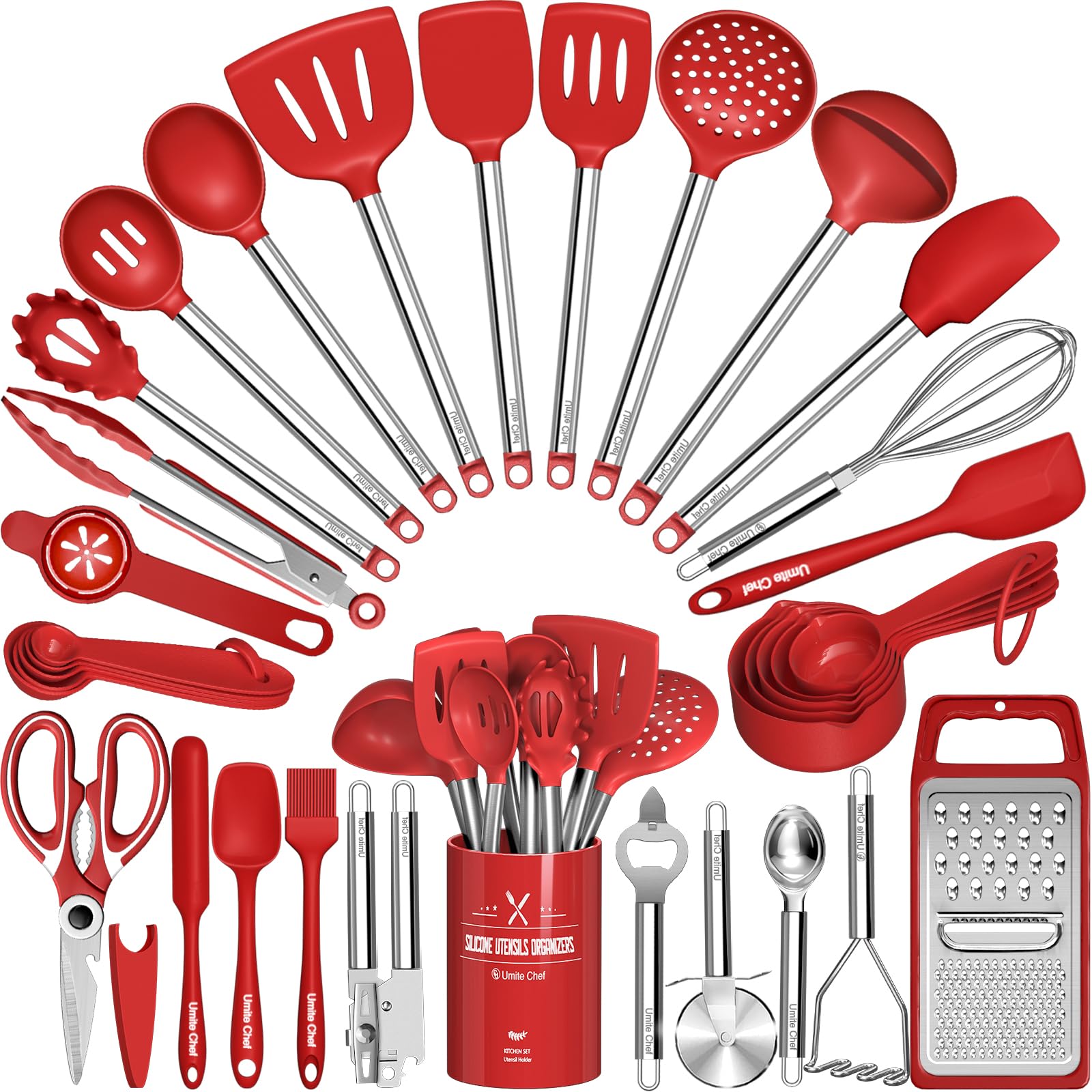Umite Chef 34pc utensil set on counter, ready for daily cooking tasks.