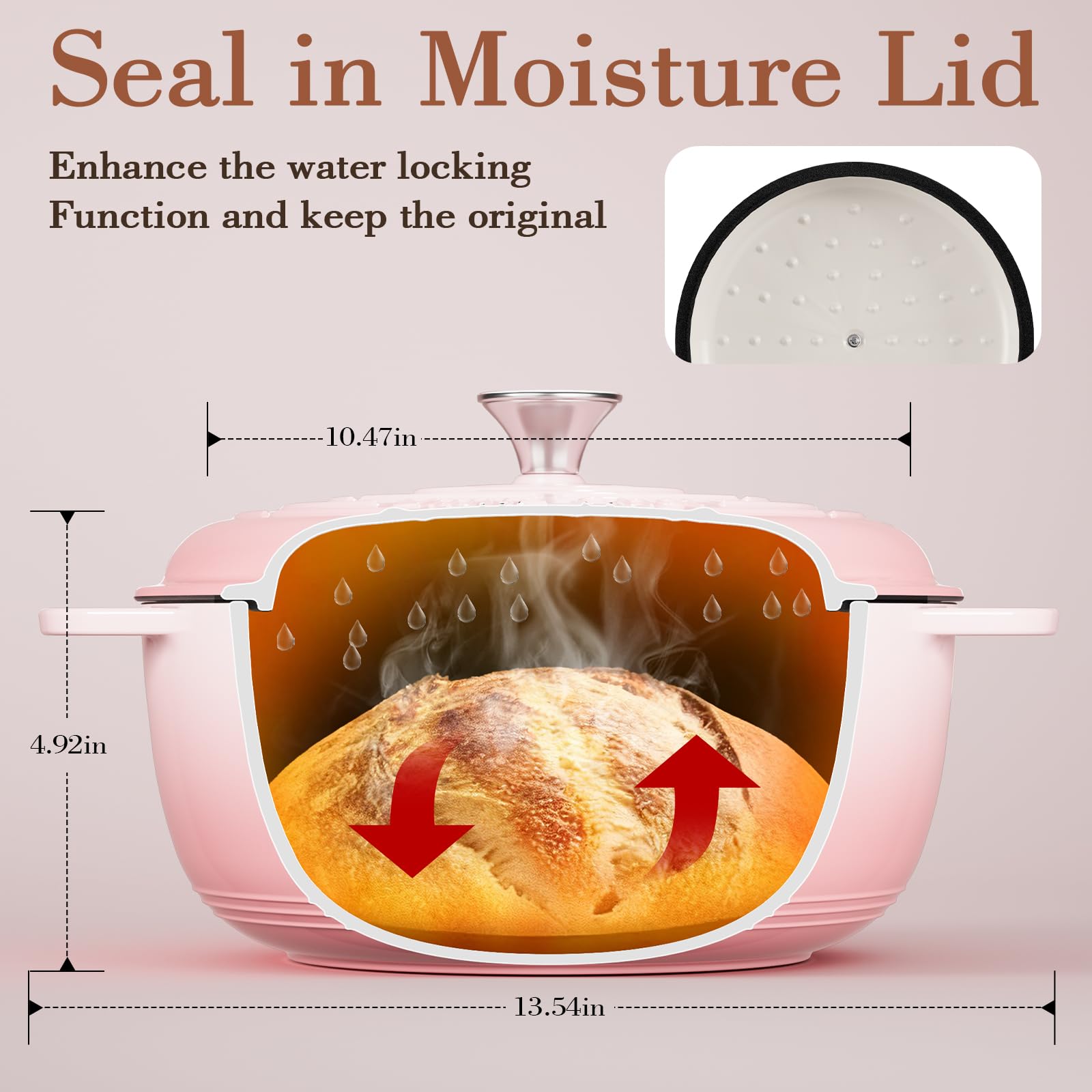 Umite Chef 6QT interior enamel close-up demonstrates even heat distribution for consistent cooking.
