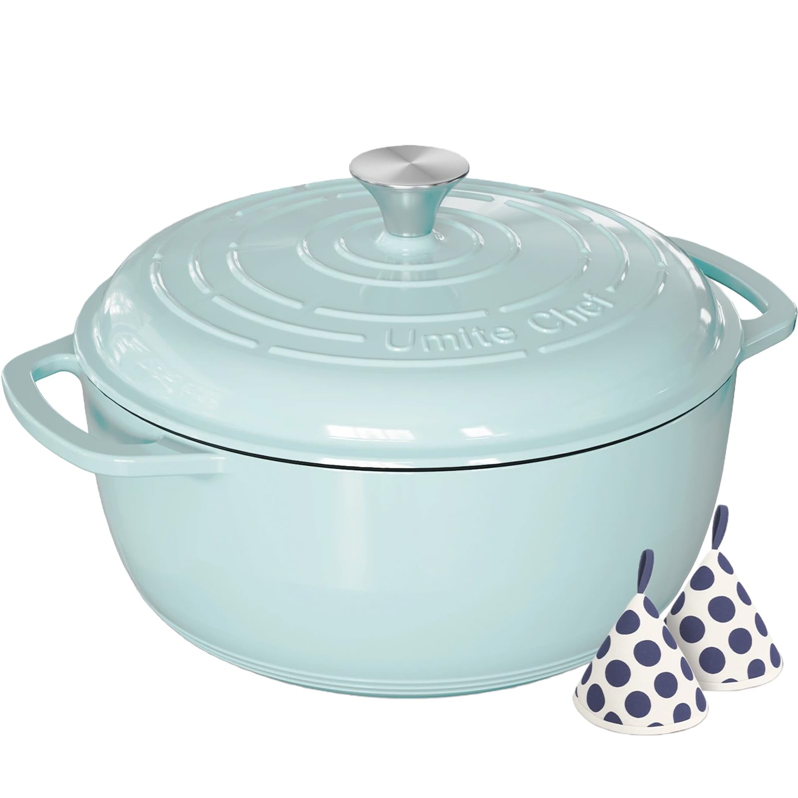 Umite Chef 6QT blue dutch oven with lid sealing freshness for flavorful meals.