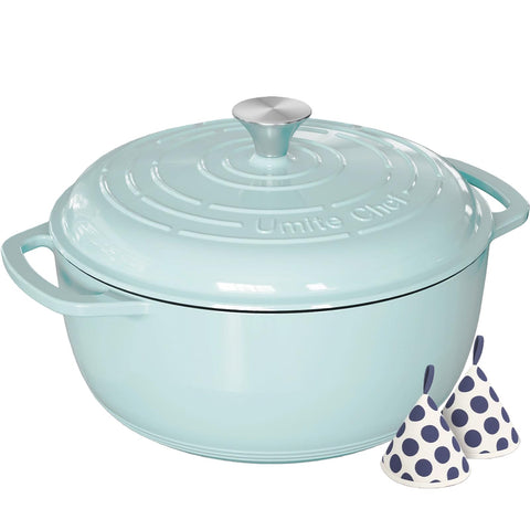 Umite Chef 6QT blue dutch oven with lid sealing freshness for flavorful meals.