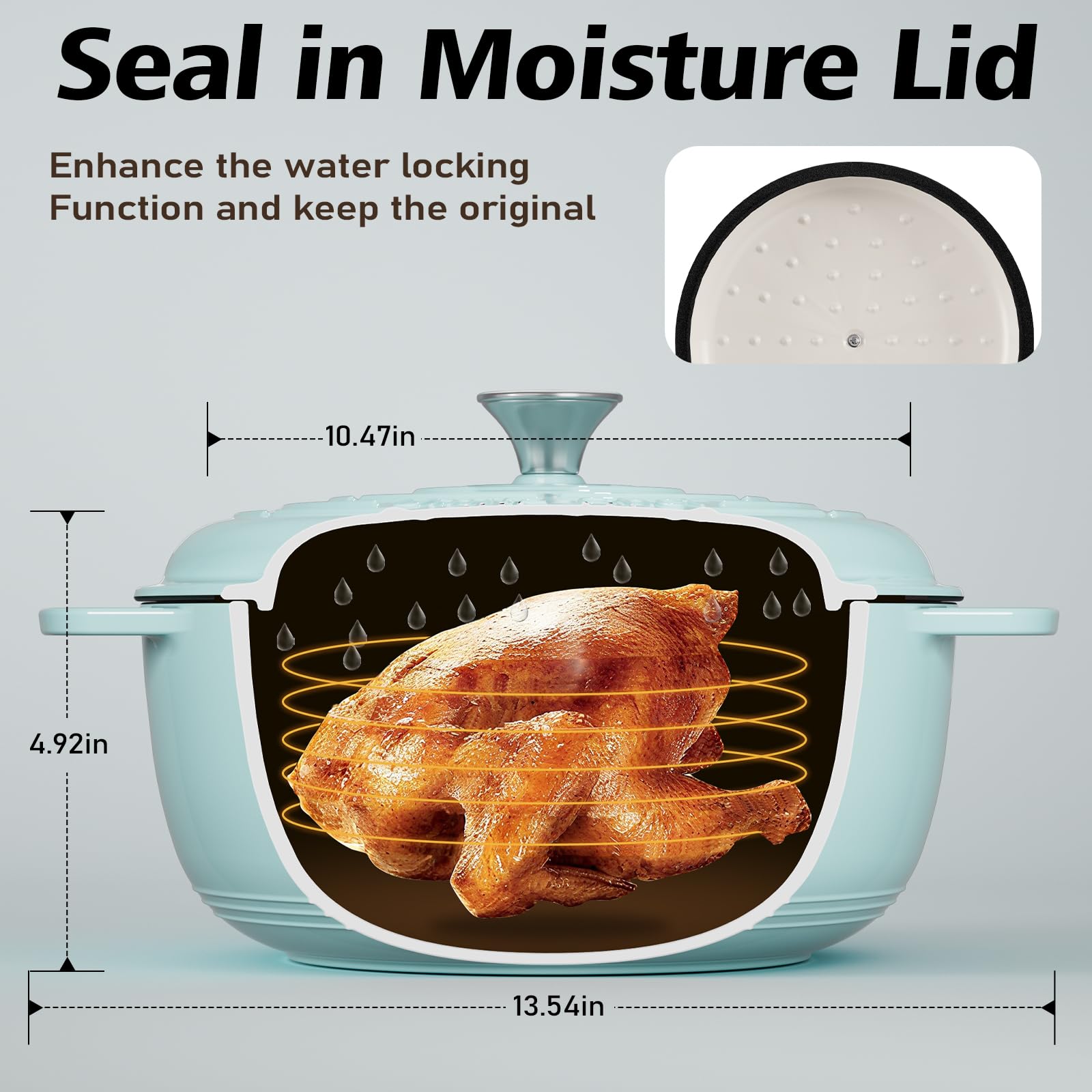 Umite Chef enamel interior with self-basting dots ensures moist, tender results.