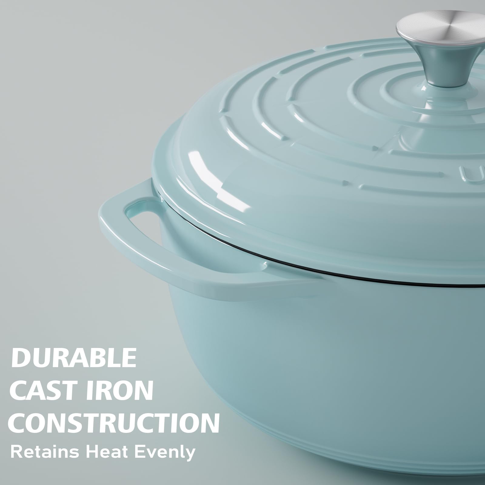 Umite Chef 6QT blue dutch oven sturdy stainless handles for safe oven use.