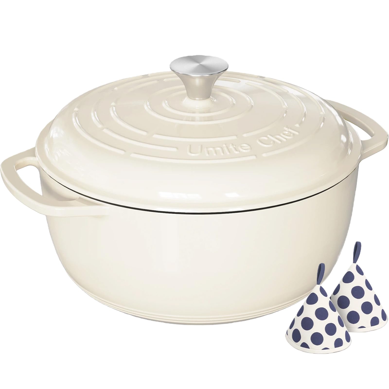 Umite Chef 6QT cream white enameled Dutch oven with lid on for moisture retention
