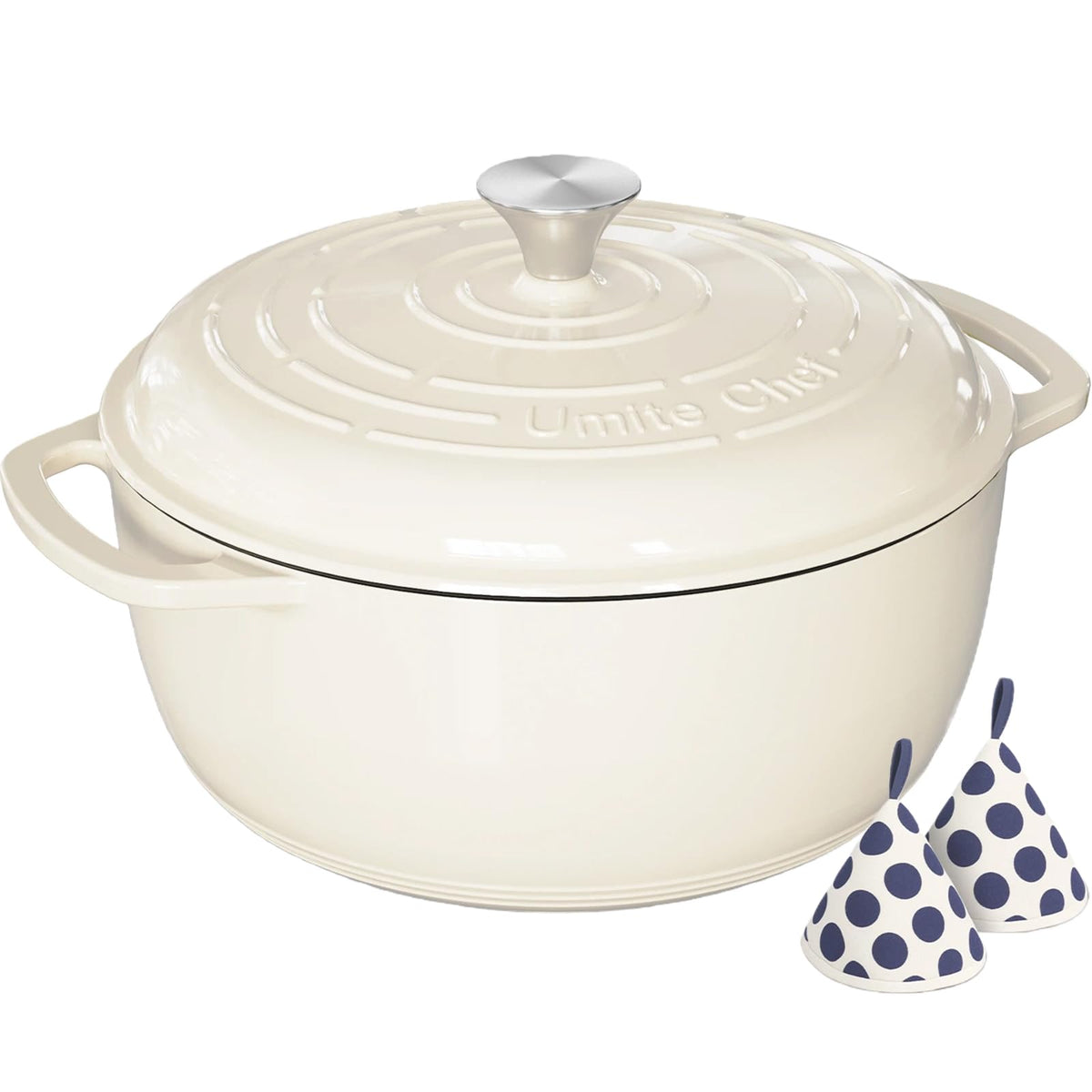 Umite Chef 6QT cream white enameled Dutch oven with lid on for moisture retention