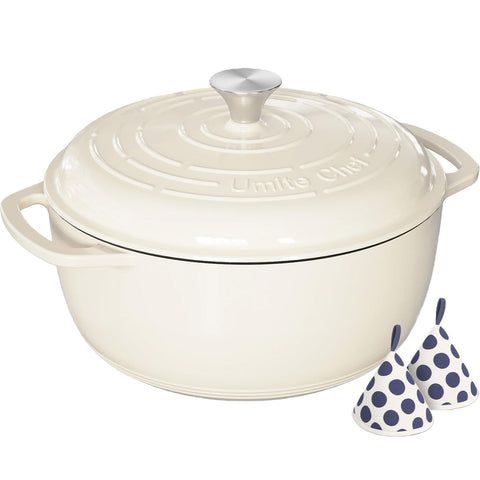 Umite Chef 6QT cream white enameled Dutch oven with lid on for moisture retention