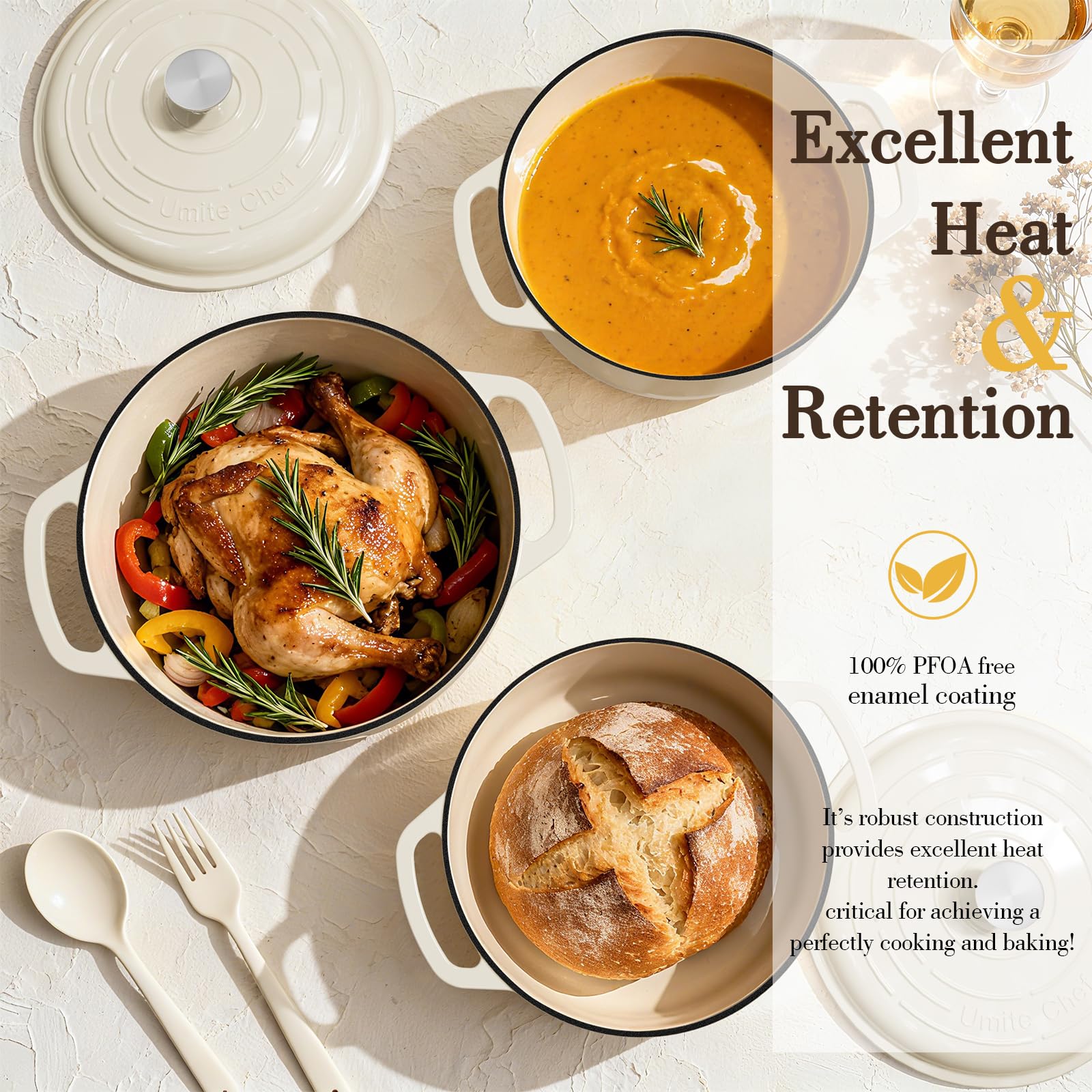Umite Chef 6QT enameled Dutch oven showing even heating for flawless sear