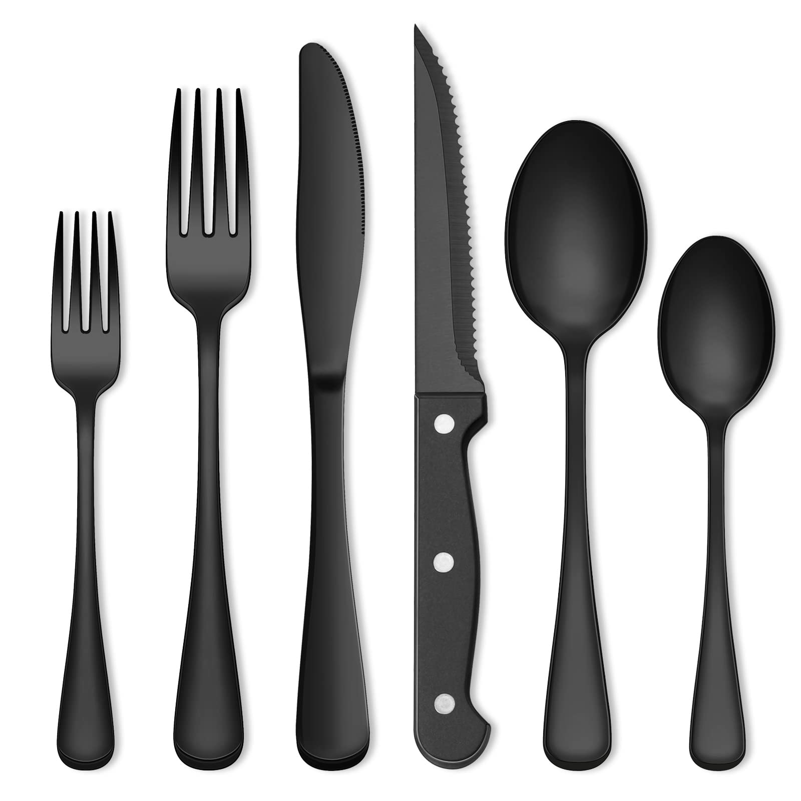 Umite Chef 72-piece black silverware set in an elegant table setting for durable everyday use.