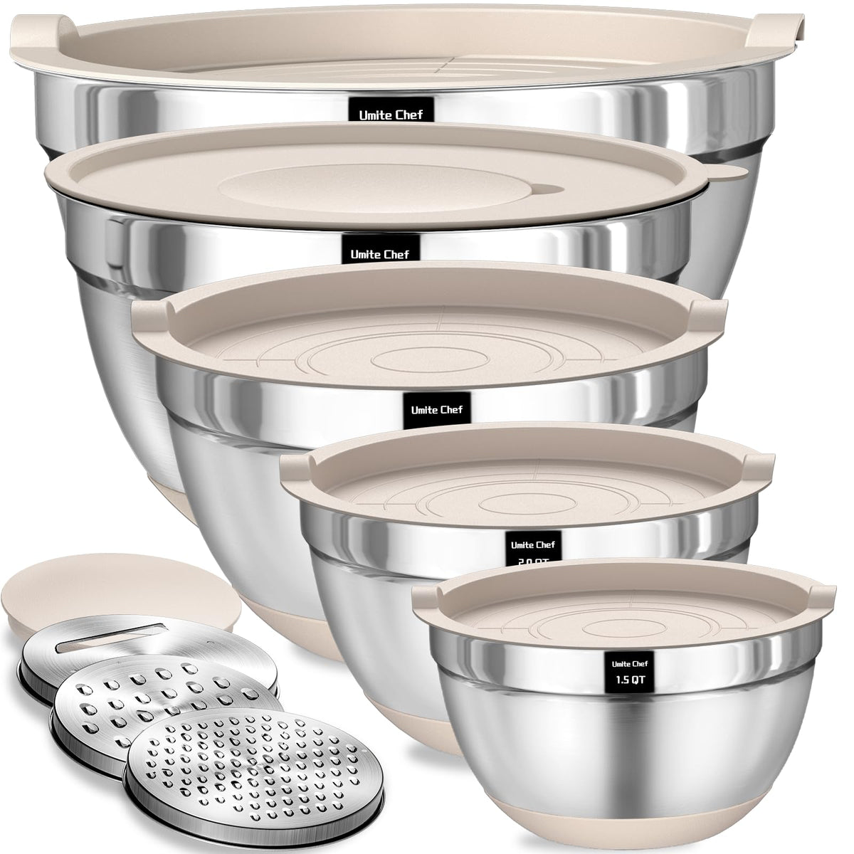Umite Chef 8-piece mixing bowls with airtight lids ready for organized prep and freshness.