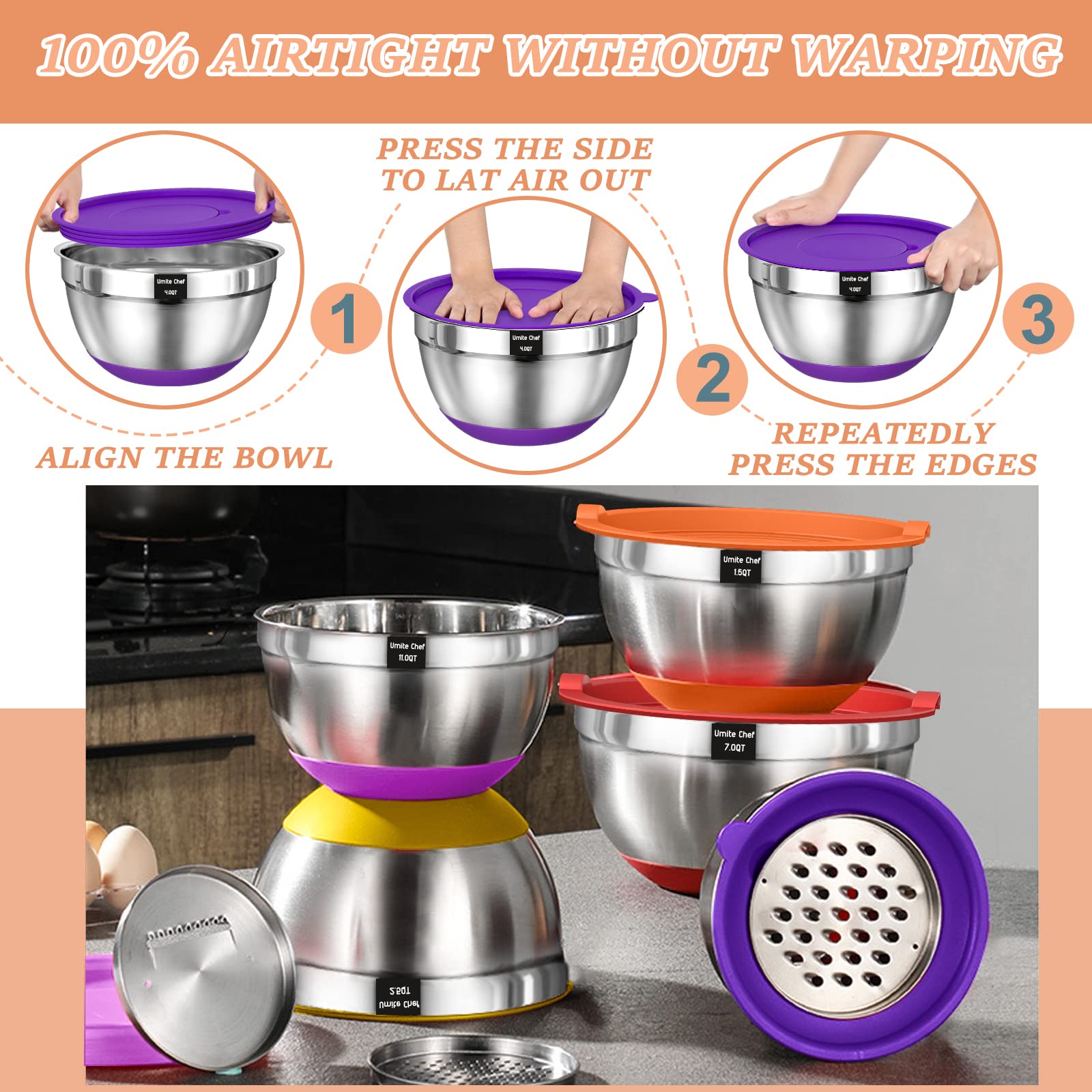 Umite Chef bowls with three graters for slicing, shredding, and grating directly in the bowl.