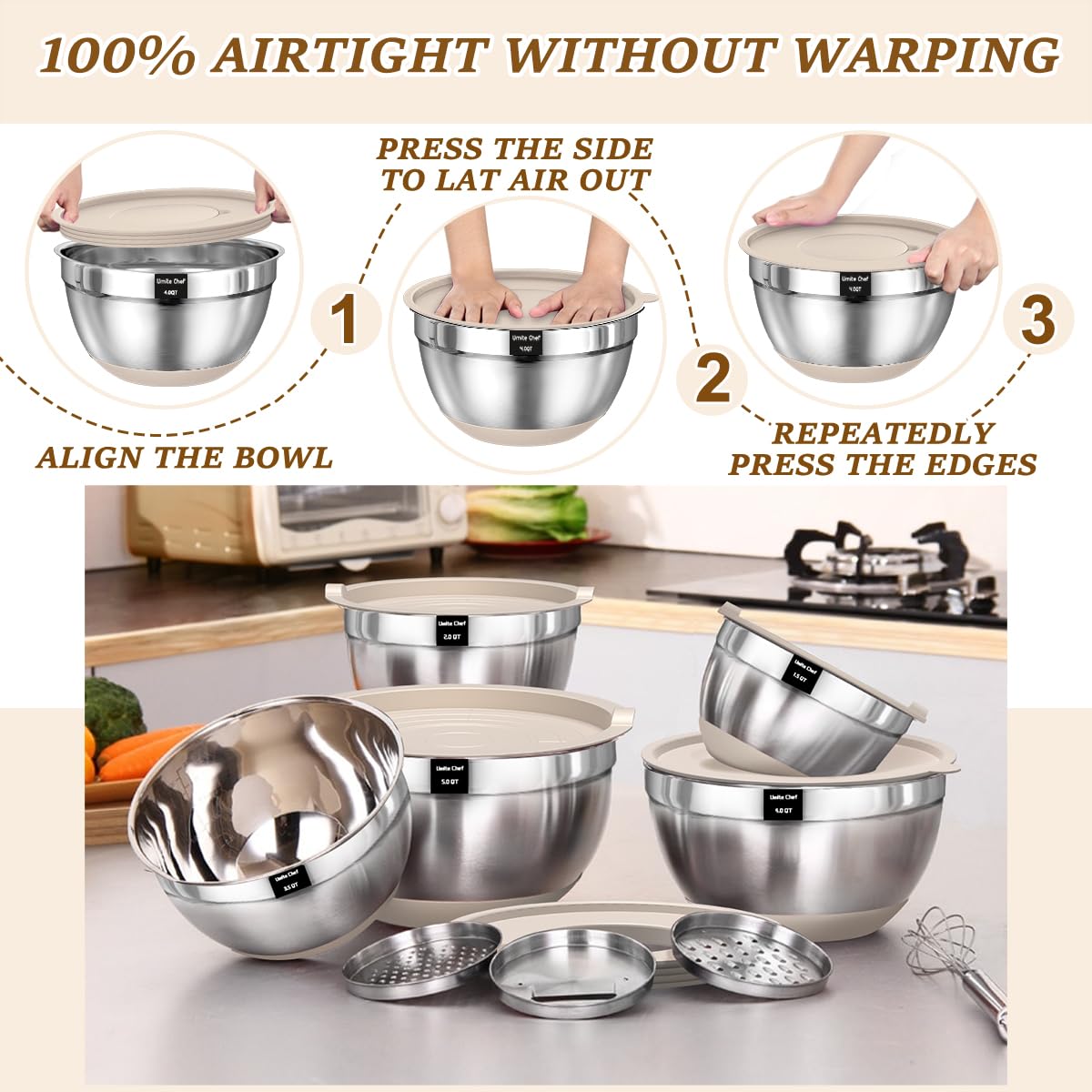 Dishwasher-safe Umite Chef bowls simplify cleanup after cooking sessions.