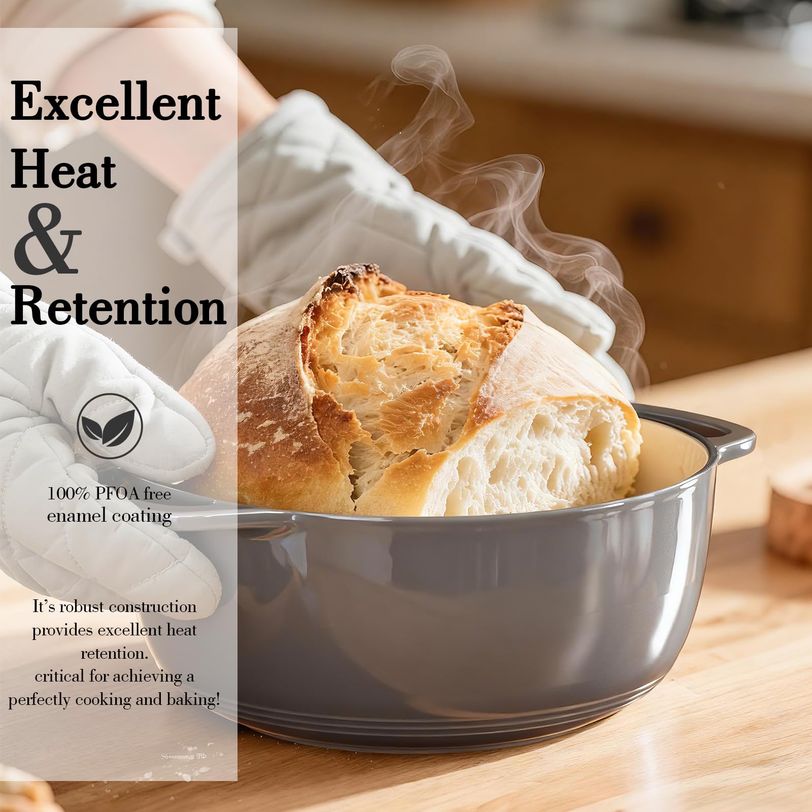 Umite Chef Dutch Oven with artisan bread highlights even heat for crusty loaves.
