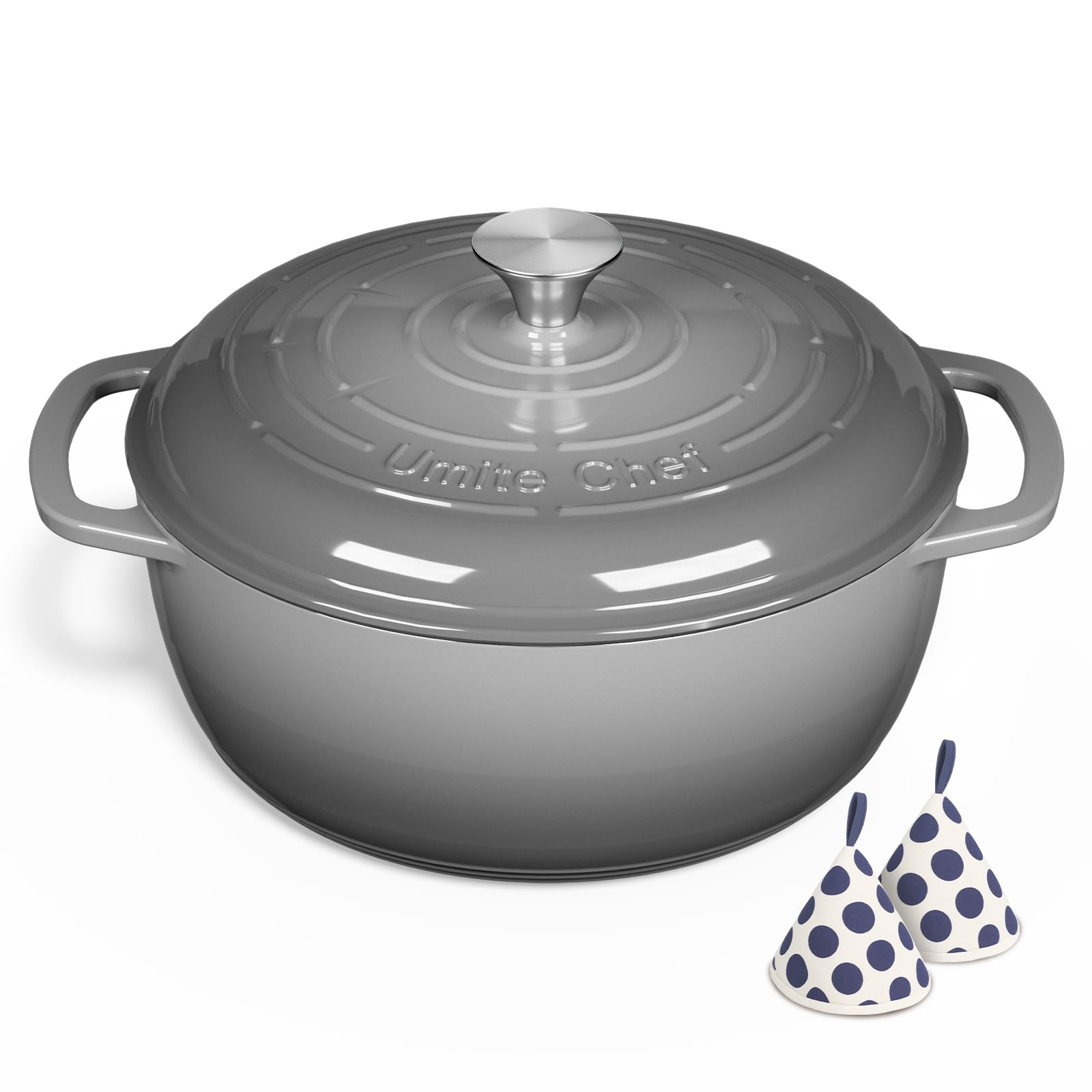 Umite Chef Dutch Oven grey finish adds modern style to kitchen.