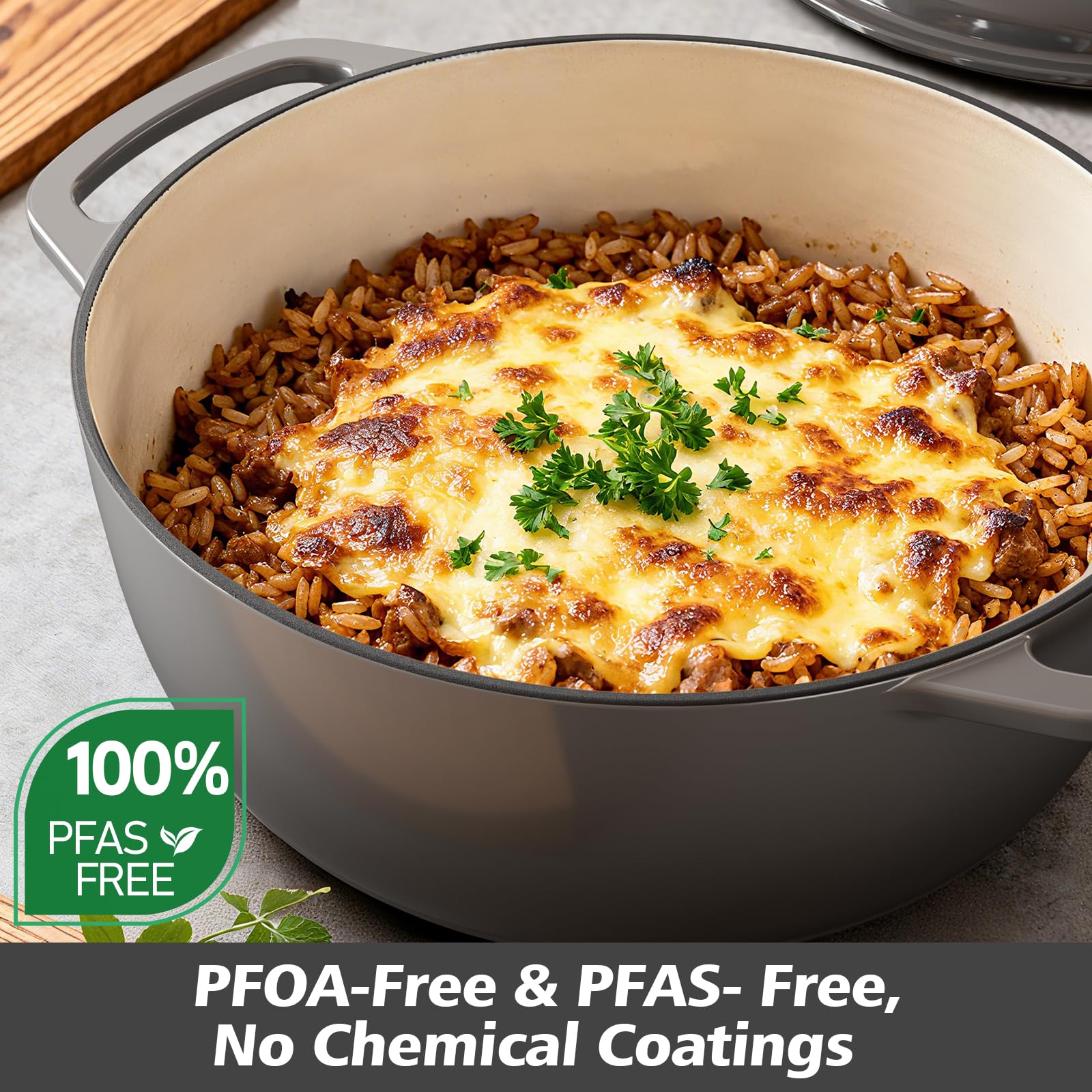 Umite Chef Dutch Oven shown on stove to oven demonstrates versatile cooking from searing to baking.