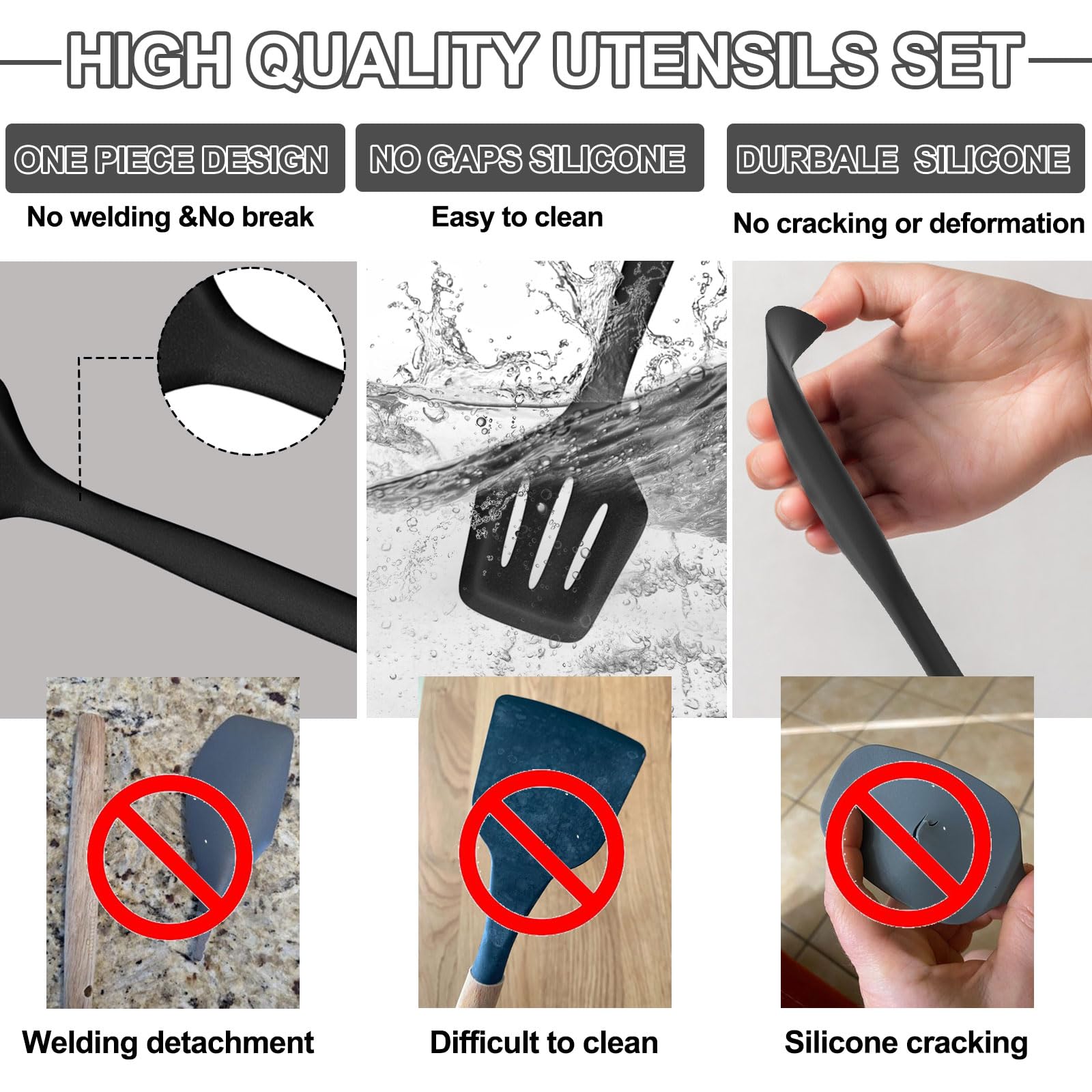Umite Chef utensils clean easily with water; hand wash recommended.