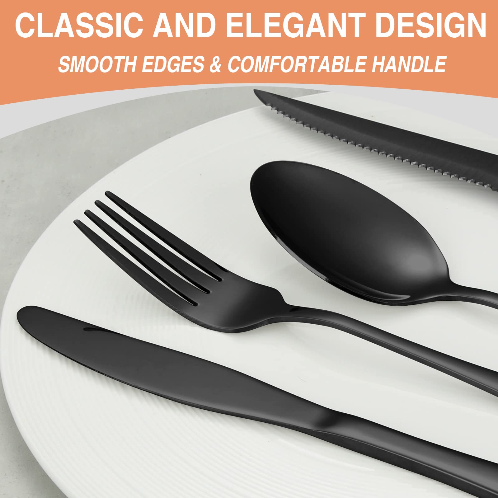Umite Chef elegant table setting featuring the 72-piece black flatware.