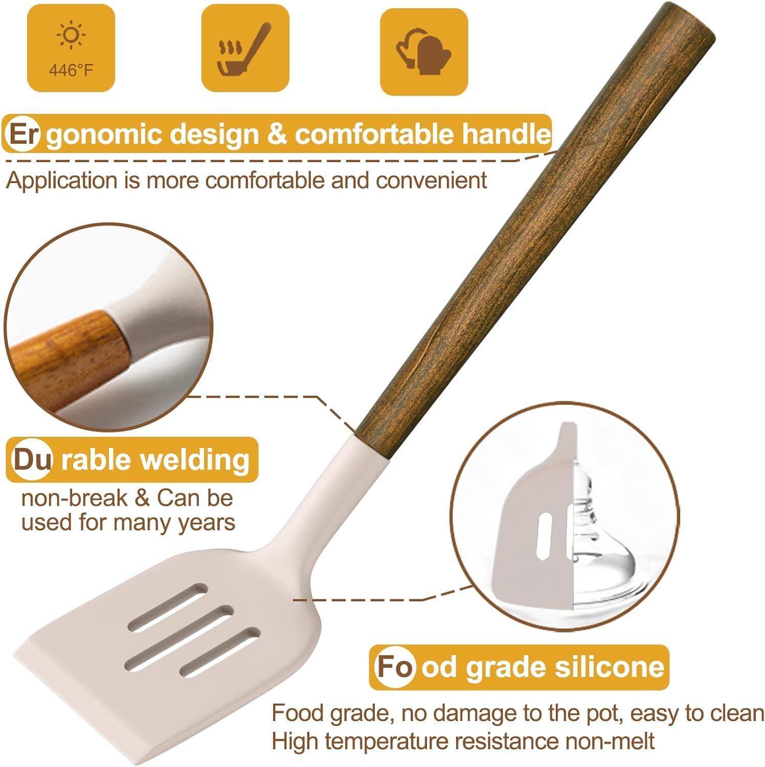 Umite Chef khaki silicone utensils color and heat tolerance.