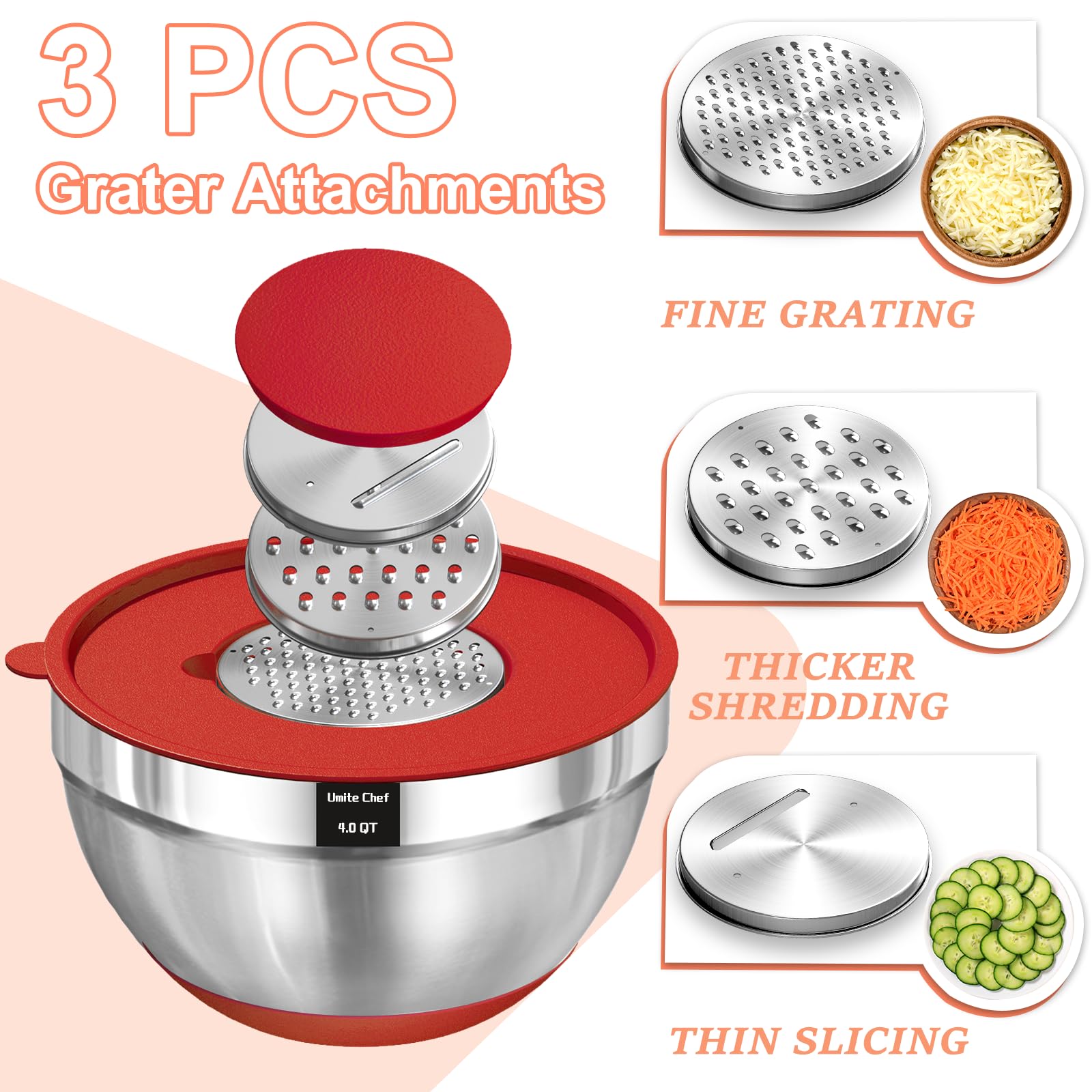 Umite Chef bowls include 3 grater attachments for quick prep