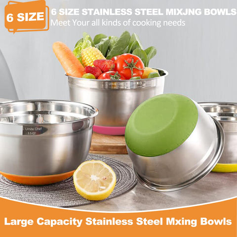 Umite Chef bowls display measurement marks for precise mixing and portioning