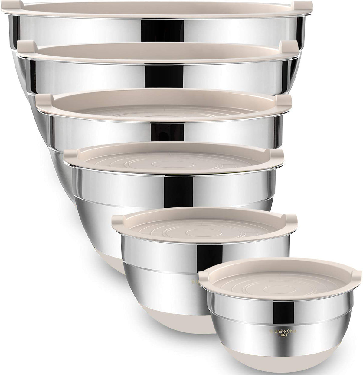 Umite Chef six-piece khaki nesting bowls designed for compact storage.