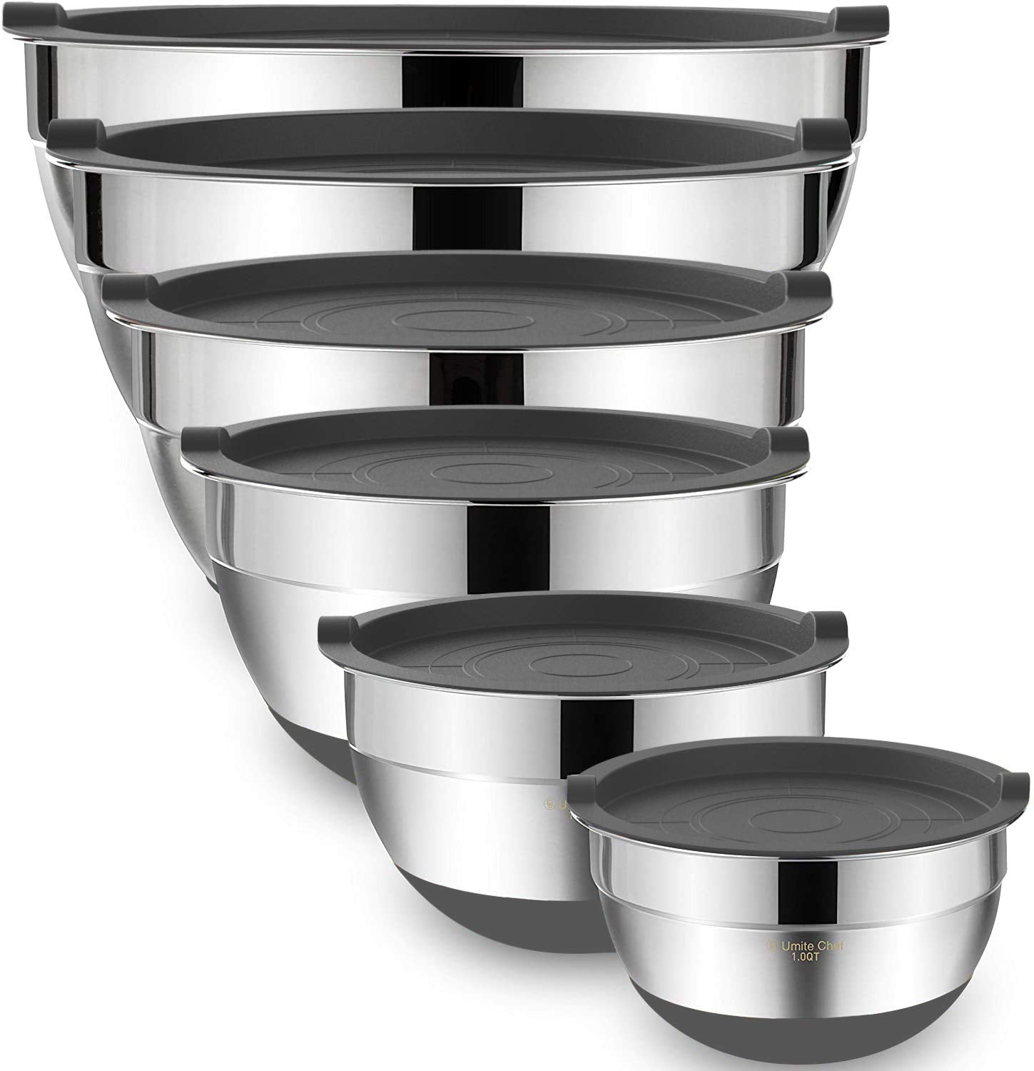 Umite Chef mixing bowls nested for compact storage and easy access.