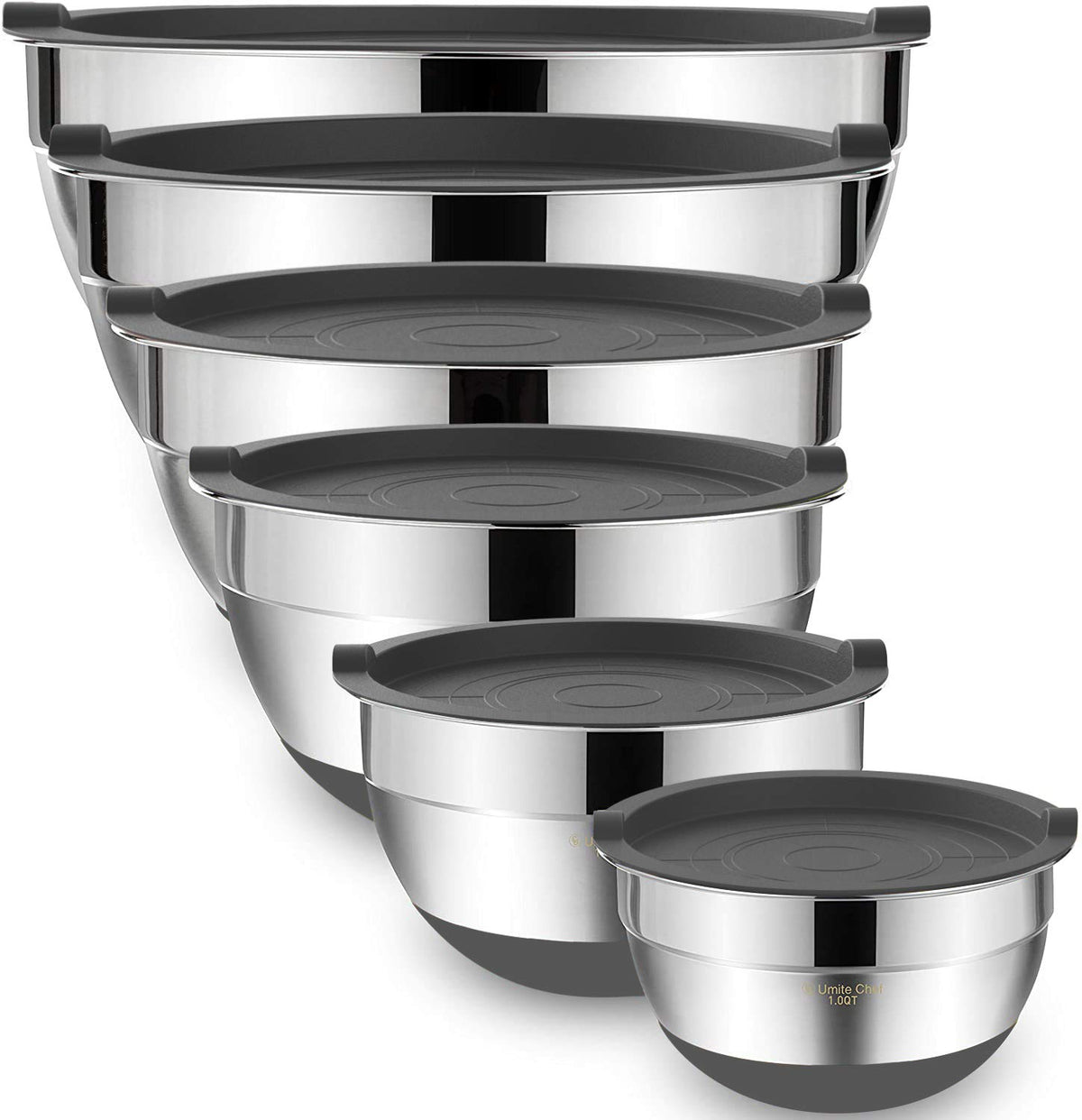 Umite Chef mixing bowls nested for compact storage and easy access.