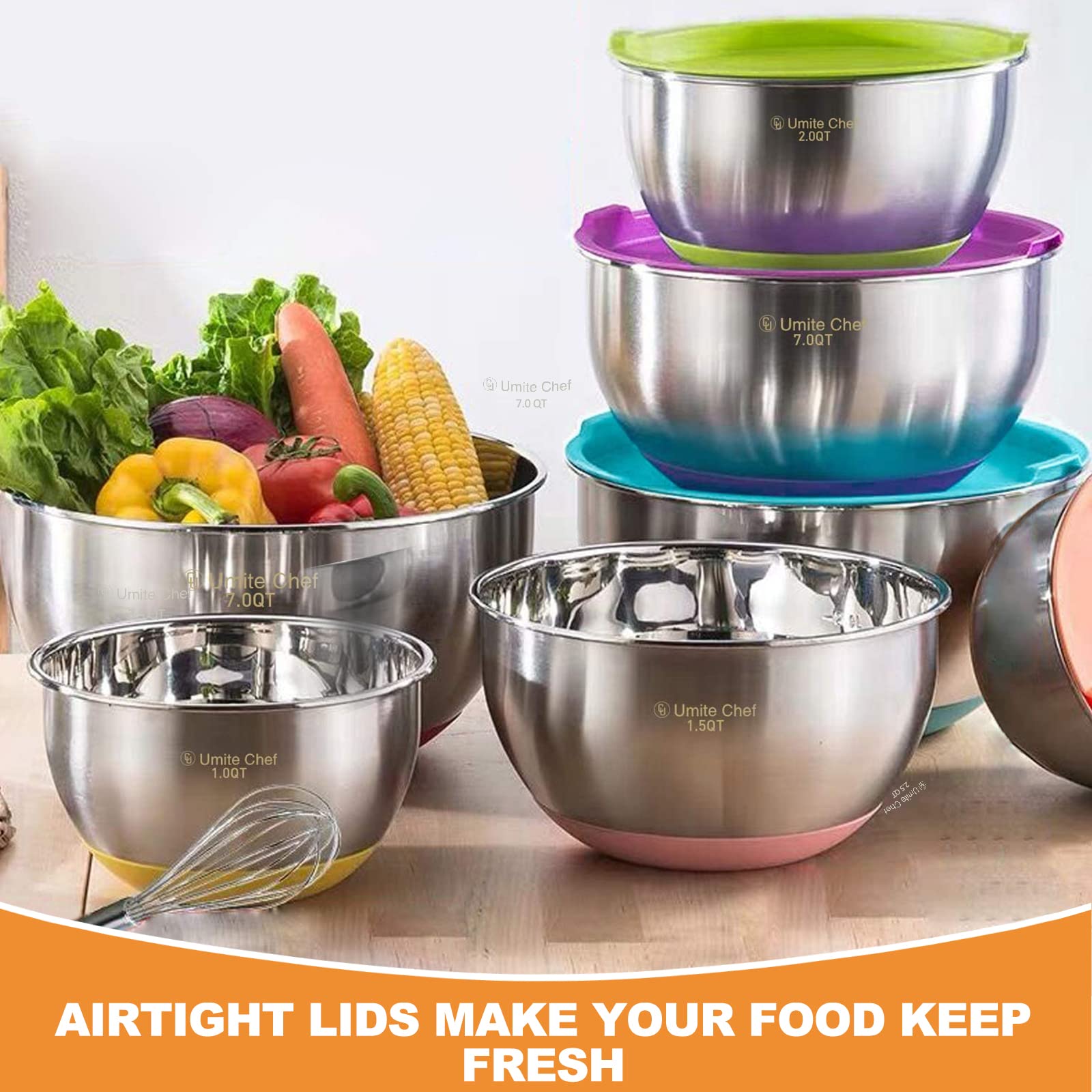 Umite Chef bowls rest on non-slip silicone bottoms during whisking and folding