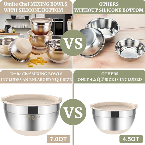 Umite Chef bowls with non-slip silicone bottoms prevent slips during prep.