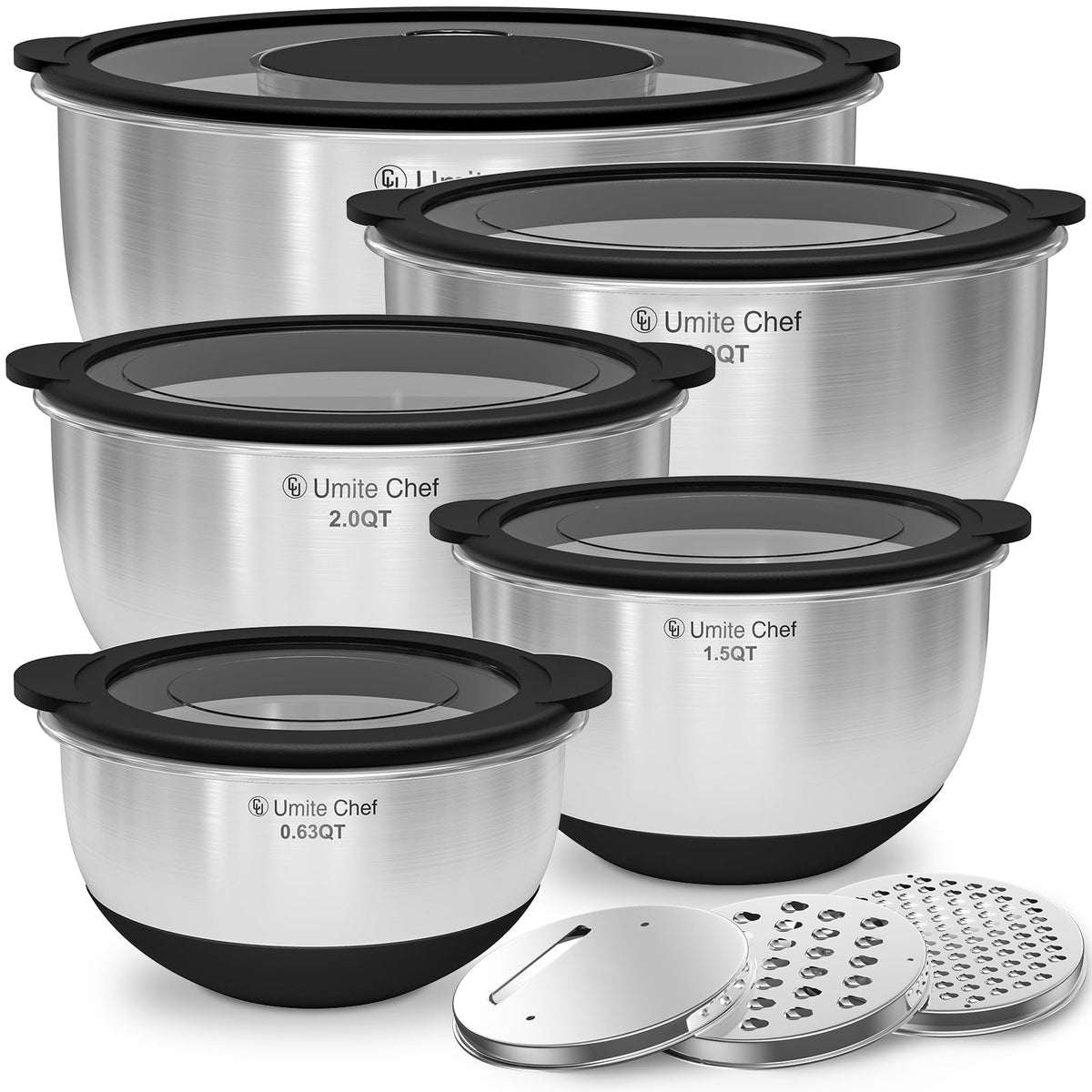Umite Chef mixing bowls with lids set shown for organized prep and leakproof storage.