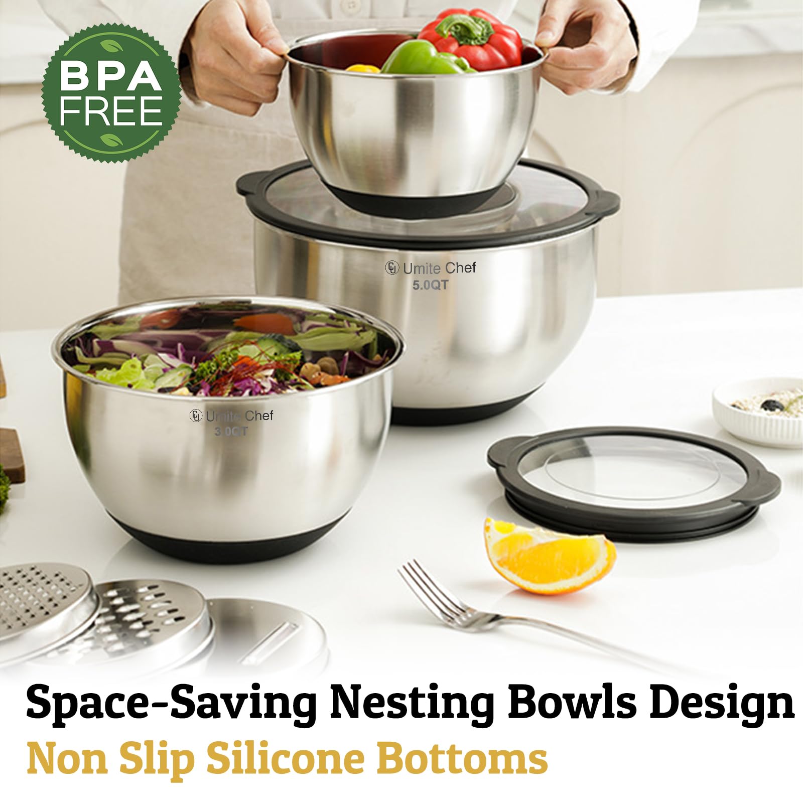 Umite Chef bowls with non-slip silicone bottom preventing sliding on counter.