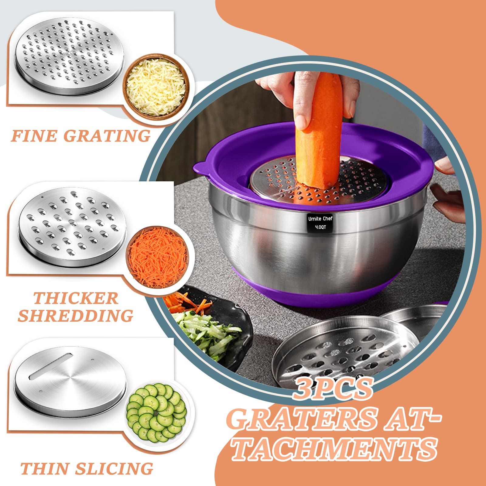 Non-slip silicone bottoms keep Umite Chef bowls steady on counters during prep.