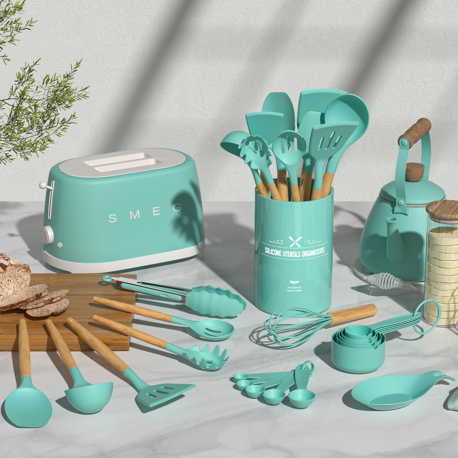 Umite Chef silicone soup ladle in green for precise stirring and serving.