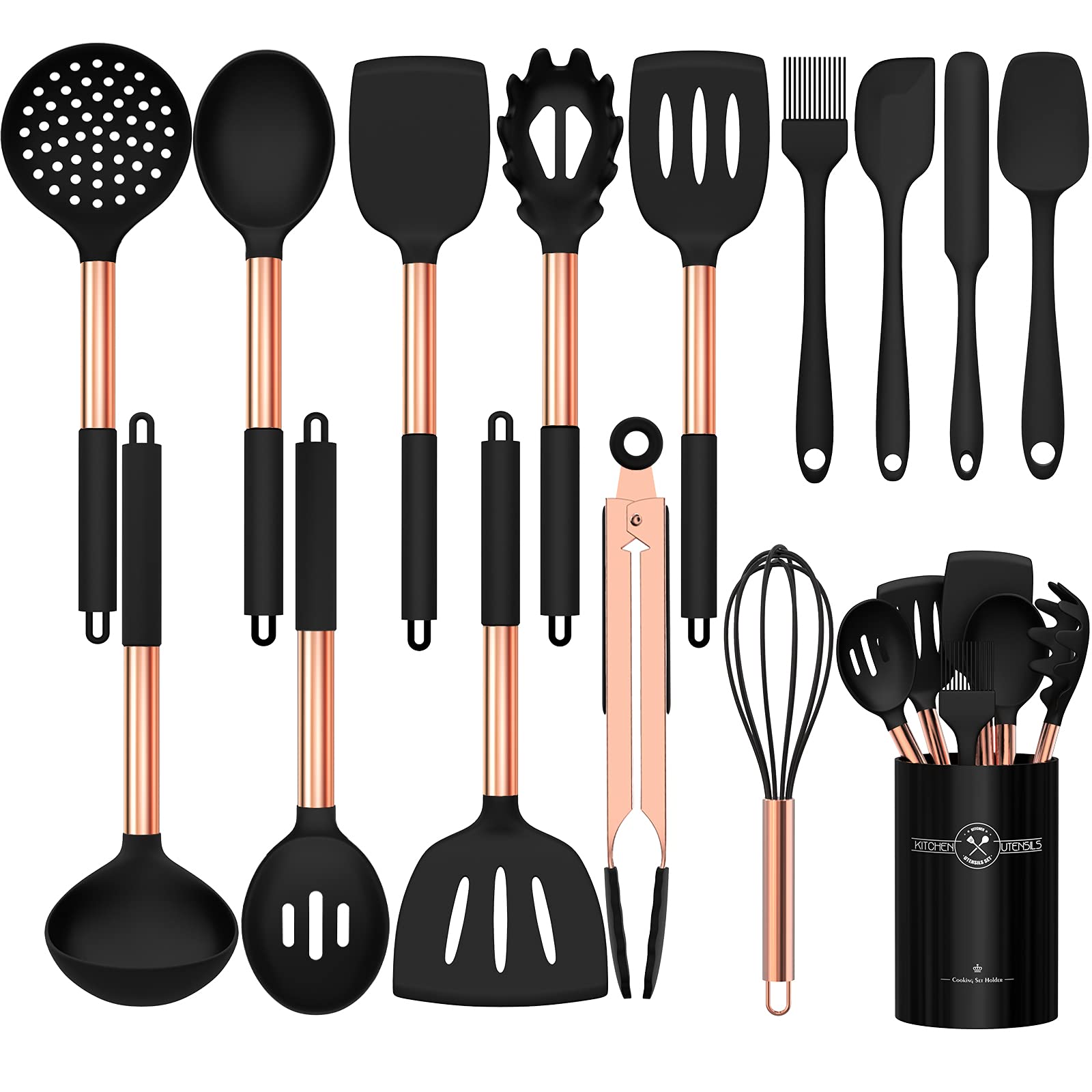 Umite Chef 15-piece silicone utensil set with rose-gold handles for versatile cooking.