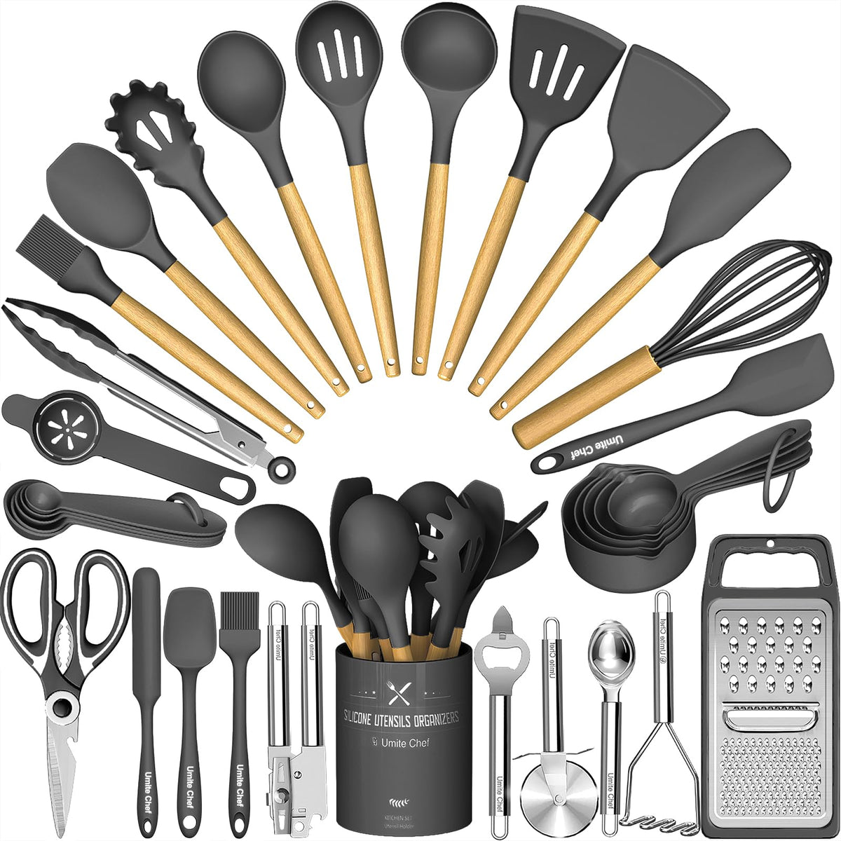 Umite Chef silicone utensil set with grater, ideal for durable nonstick cooking.