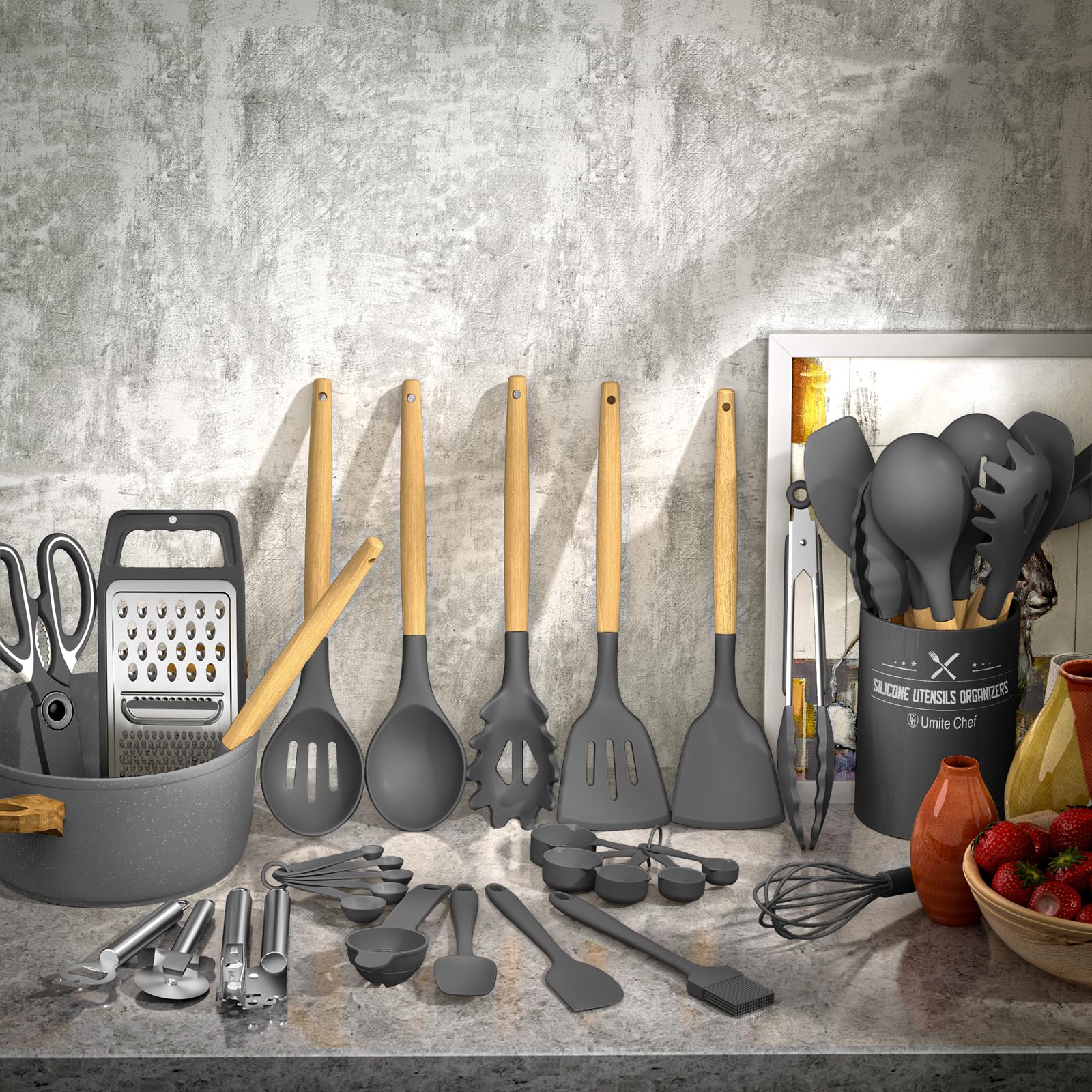 Umite Chef silicone utensils with wood handles provide comfortable grip and heat protection.