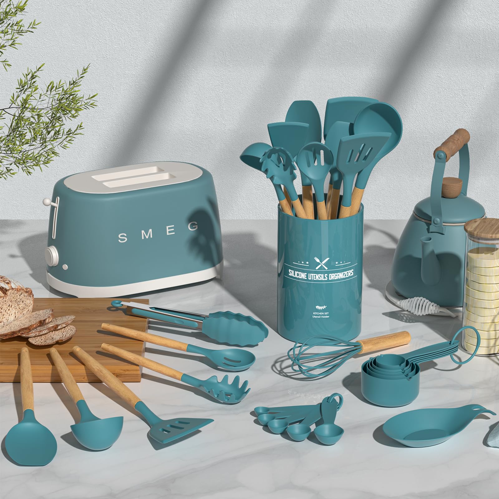 Umite Chef silicone utensils with holder for an organized cooking station.