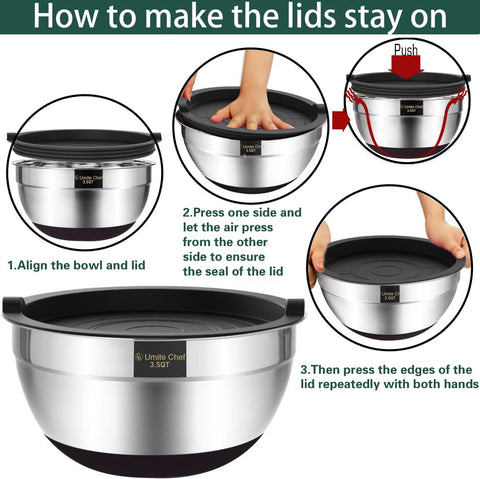 Umite Chef stainless steel nesting bowls save space during prep and storage.
