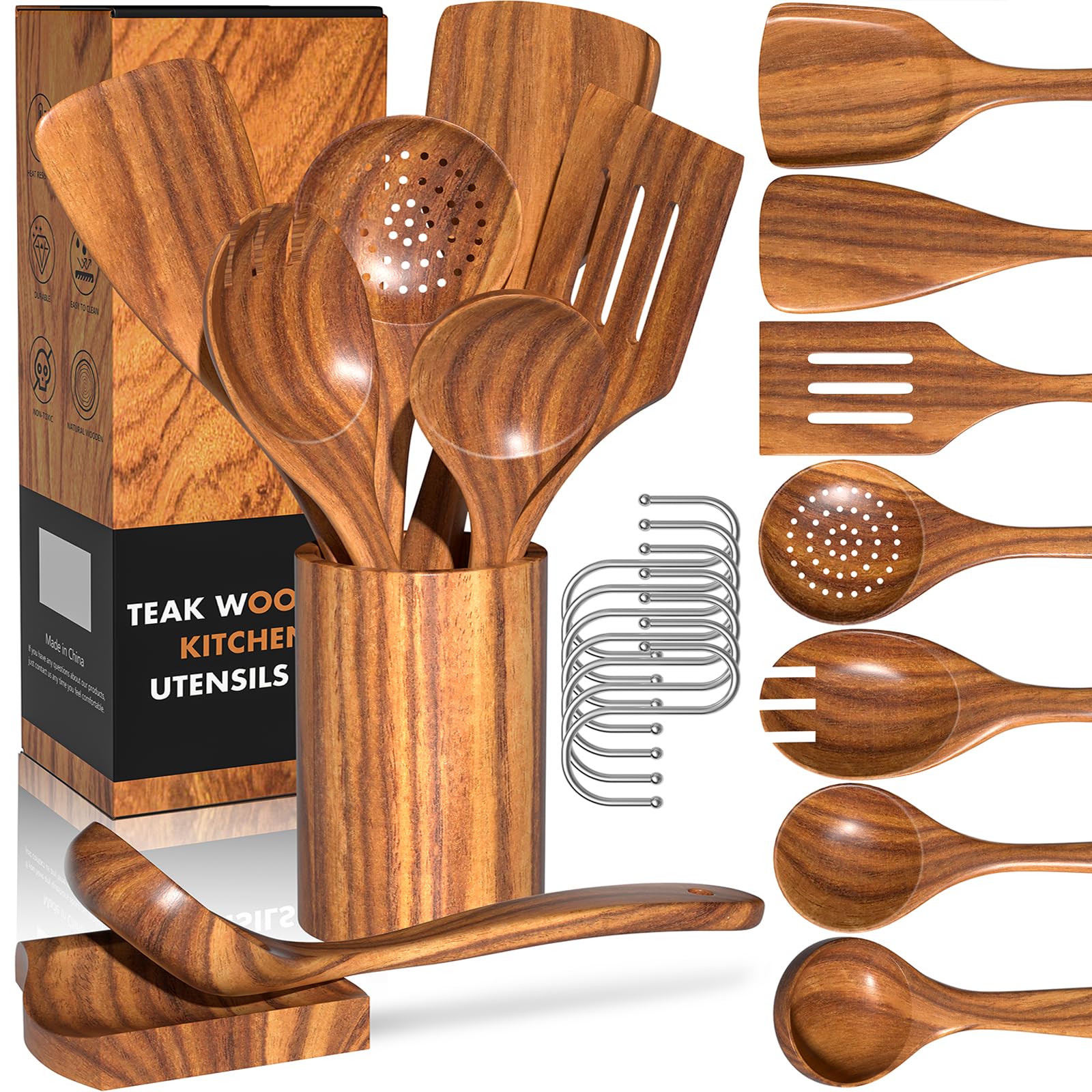 Umite Chef teak utensil set with holder for organized kitchen storage