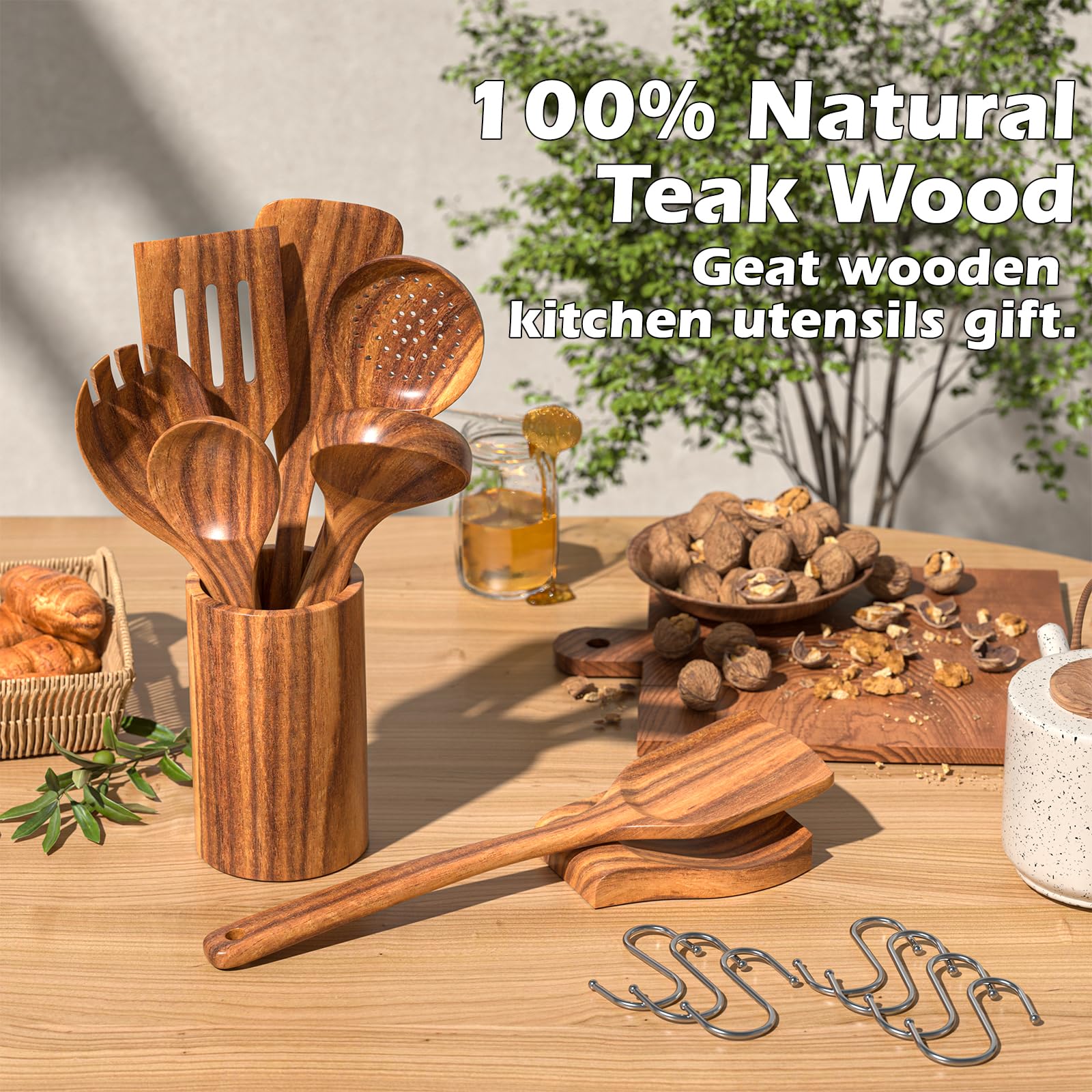 Umite Chef teak slotted spoon draining liquid while cooking
