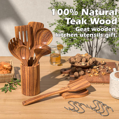 Umite Chef teak slotted spoon draining liquid while cooking