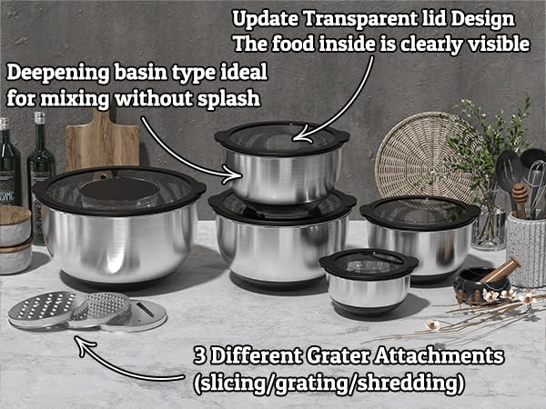 Umite Chef 0.46mm thick stainless steel bowls for durability.