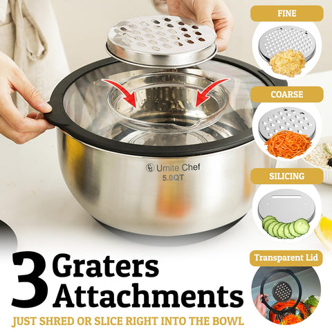 Umite Chef three graters attached for slicing, shredding, and grating directly in bowl.