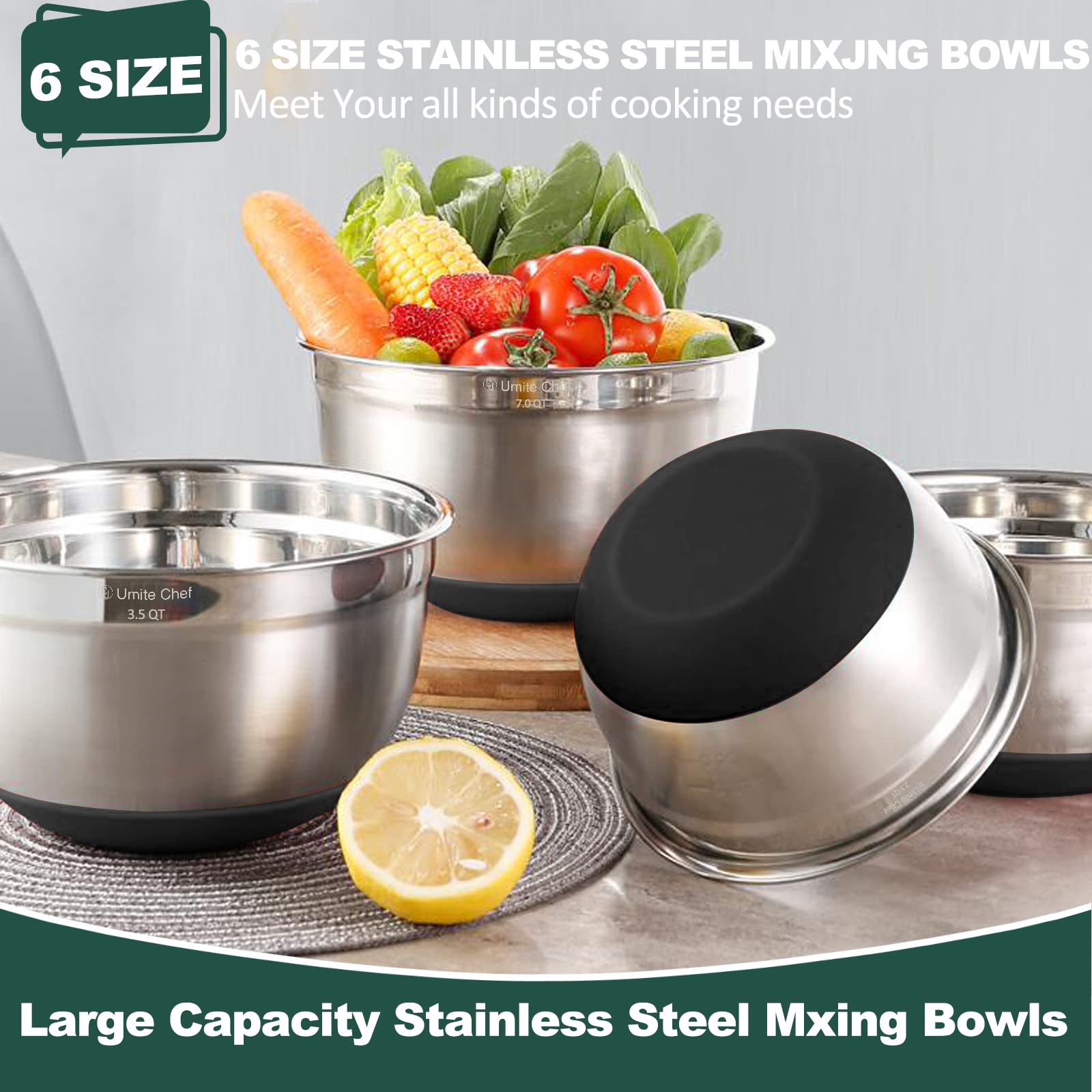 Umite Chef tight-fitting colorful lids keep ingredients fresh and organized.