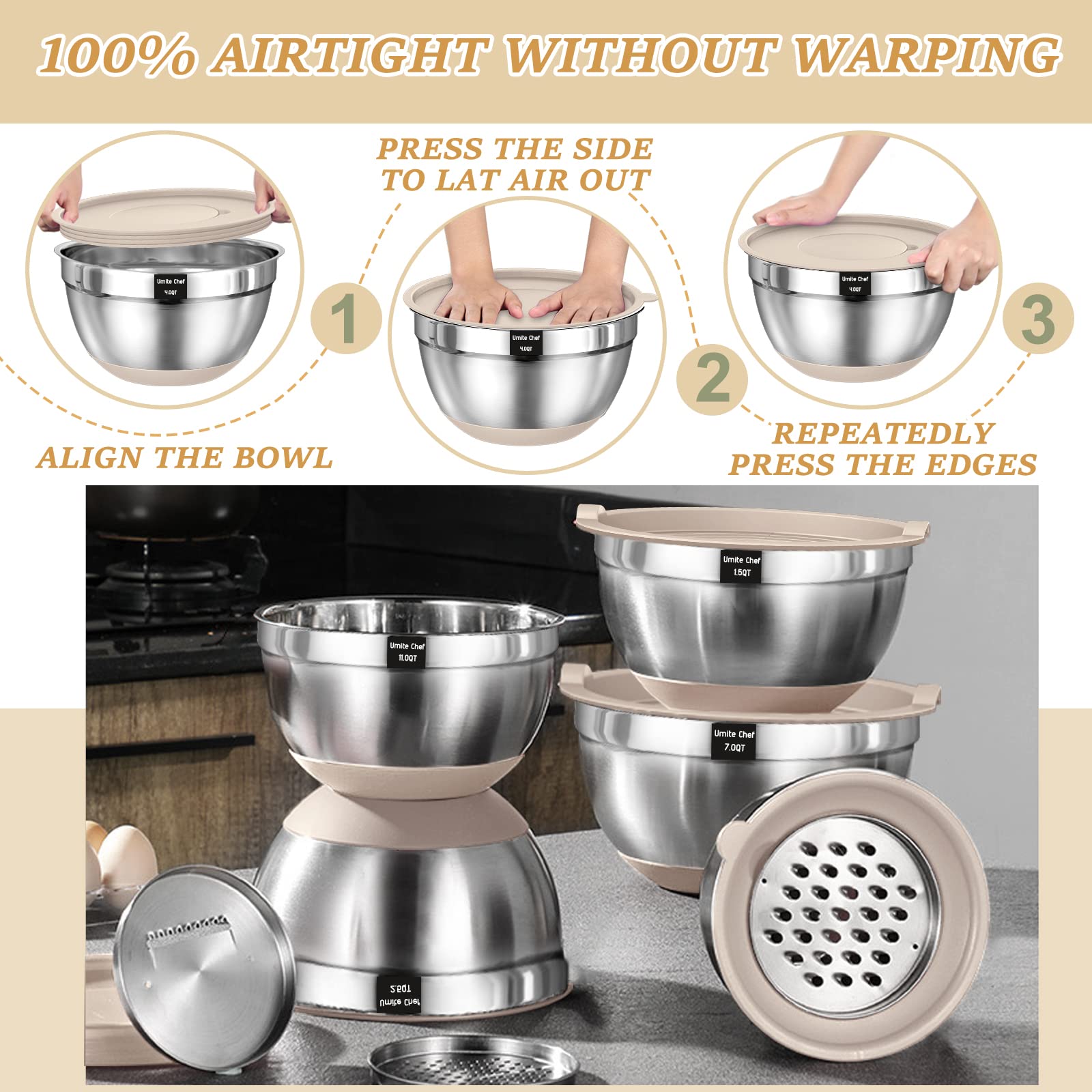 Umite Chef khaki bowls with mirror interior for easy cleaning.
