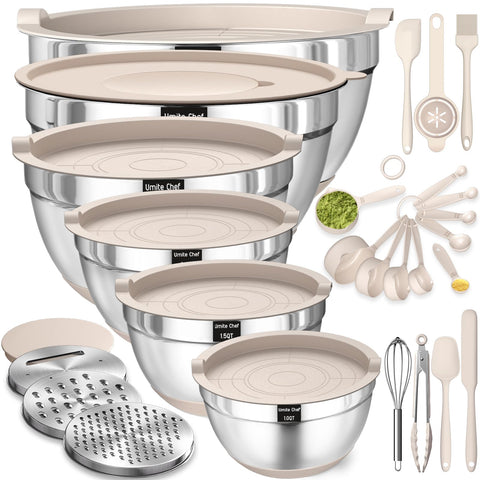 Umite Chef mixing bowls with airtight lids for fresh leftovers and organized prep.