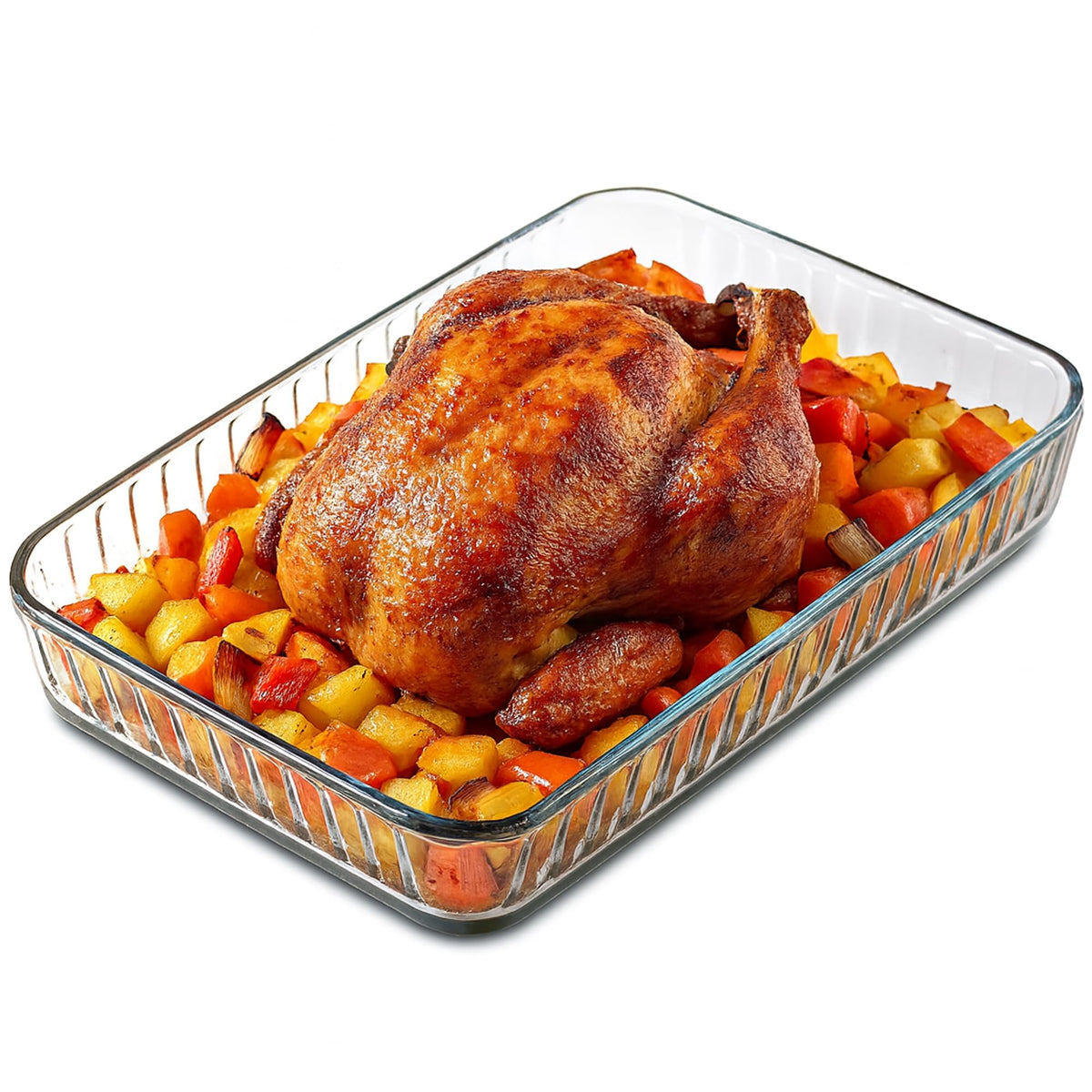 ums 4qt borosilicate glass baking dish, oven safe for casseroles and desserts.