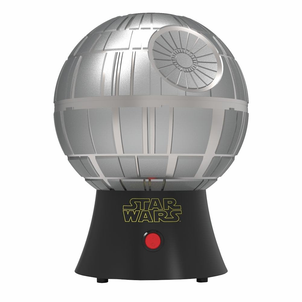 Uncanny Brands Death Star popcorn maker cover closeup highlights the transparent window.